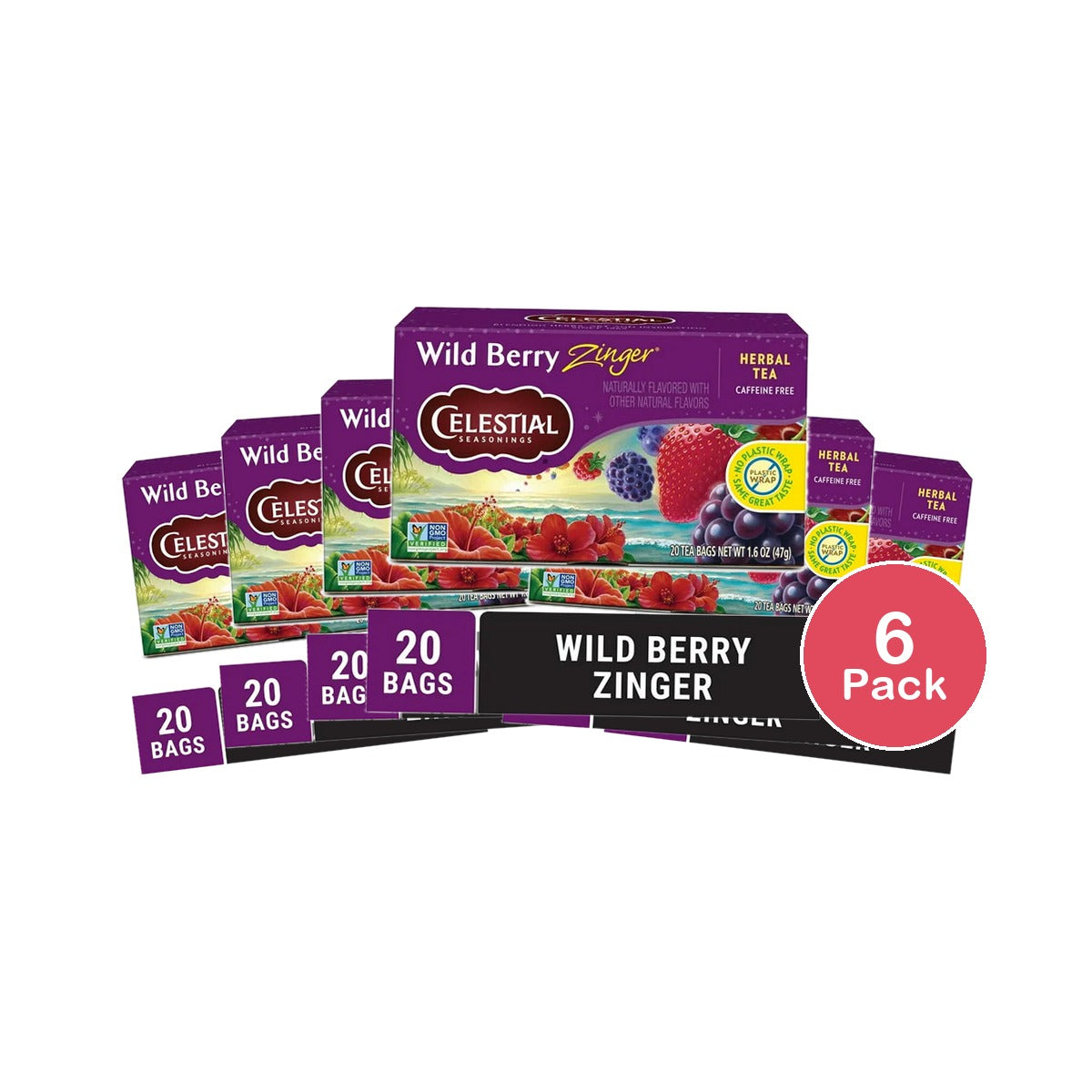 Celestial Seasonings Caffeine Free Wild Berry Zinger Natural Herbal Tea 20 Bags 1.7Oz (Pack Of 6)