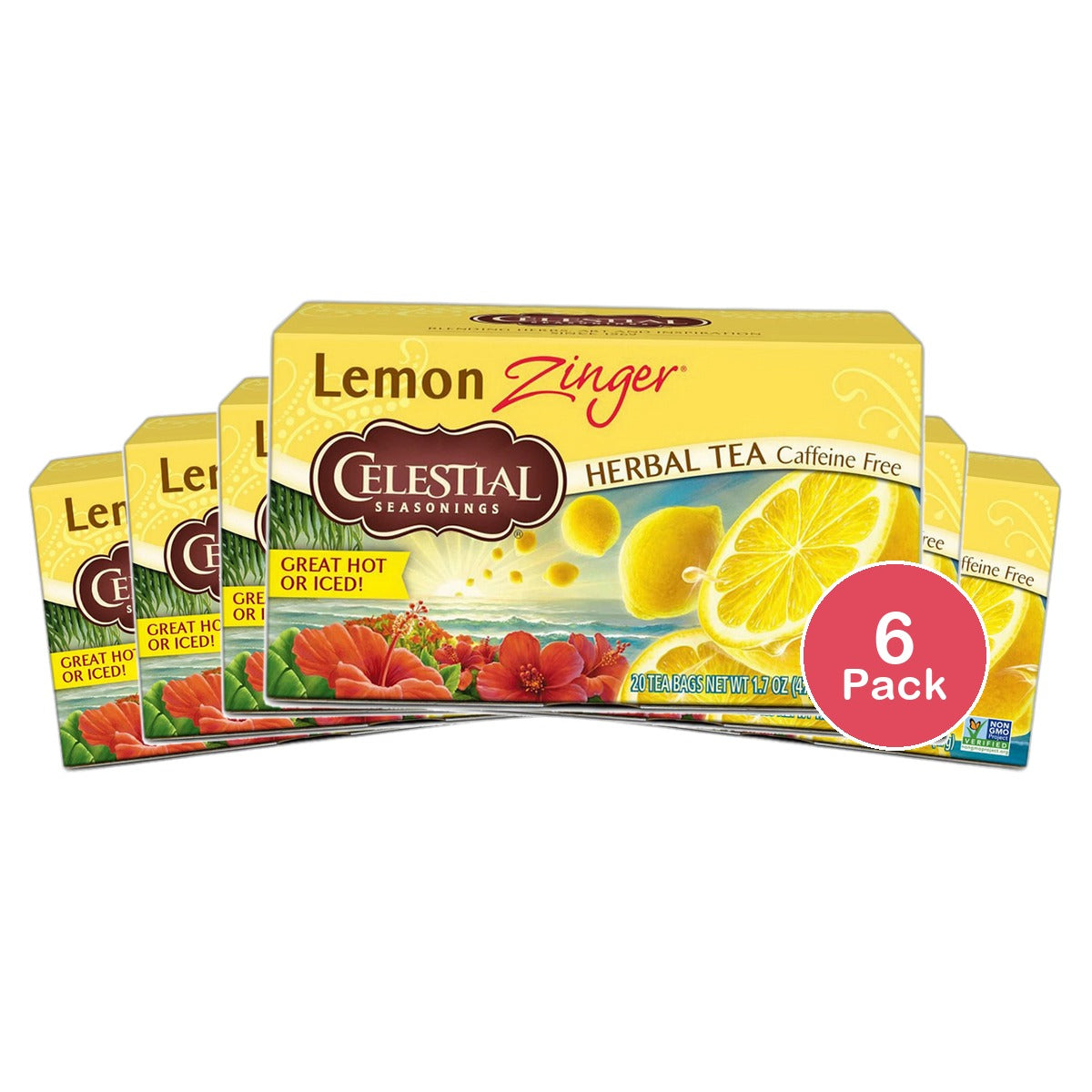 Celestial Seasonings Lemon Zinger Caffeine Free Natural Herb Tea 20 Bags 1.7Oz (Pack Of 6)