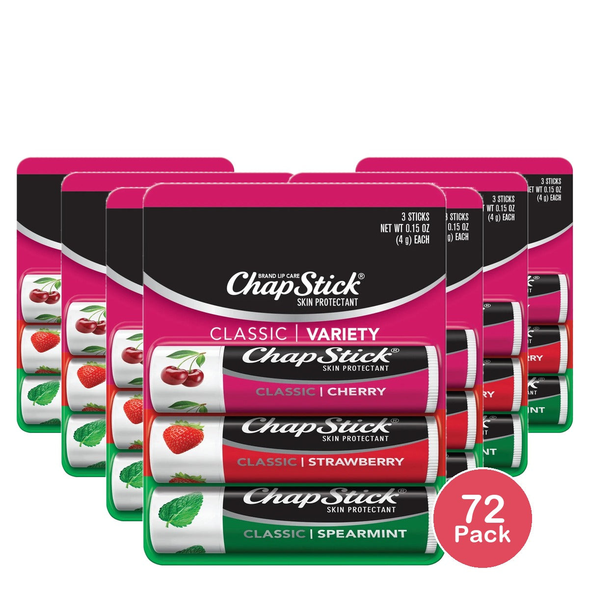 Chapstick Classic Cherry, Spearmint And Strawberry Lip Balm, 3 Pack 0.15 Oz (Pack Of 72)