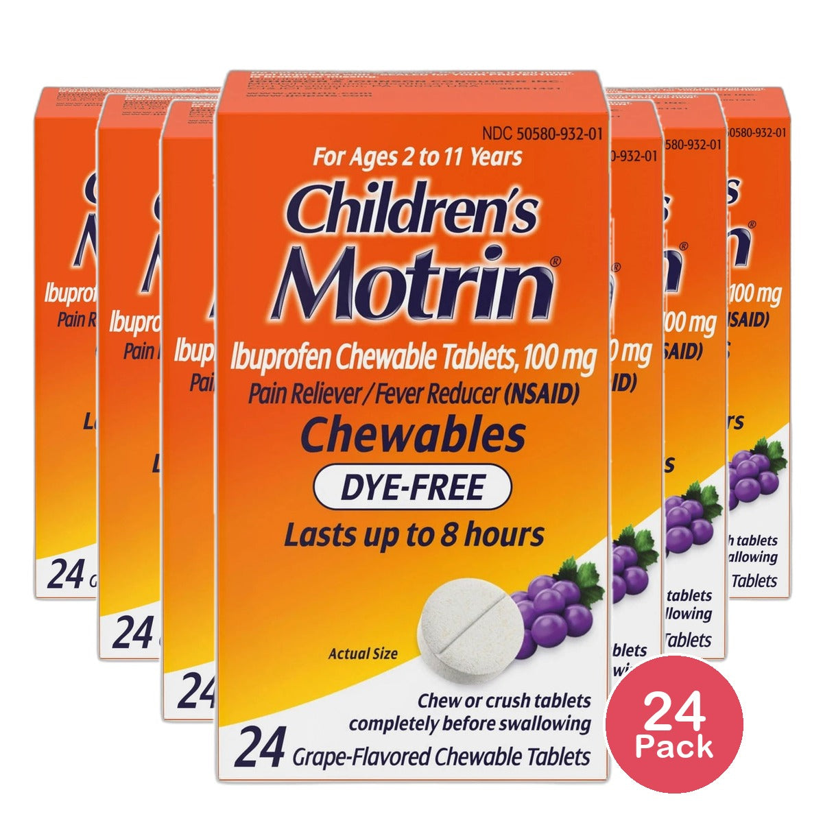 Childrens Motrin Dye Free Pain Reliever And Fever Reducer ChewableTablets Grape Flavor 4Oz (Pack of 24)