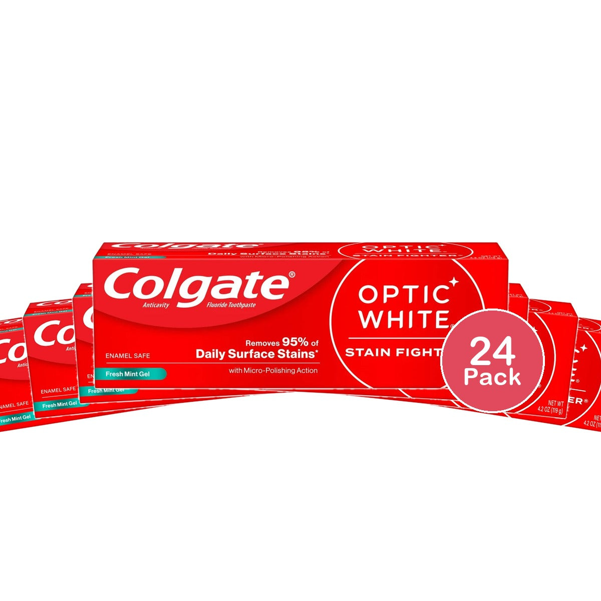 Colgate Optic White Stain Fighter Teeth Whitening Gel Toothpaste Fresh Mint 4.2 Oz (Pack of 24)