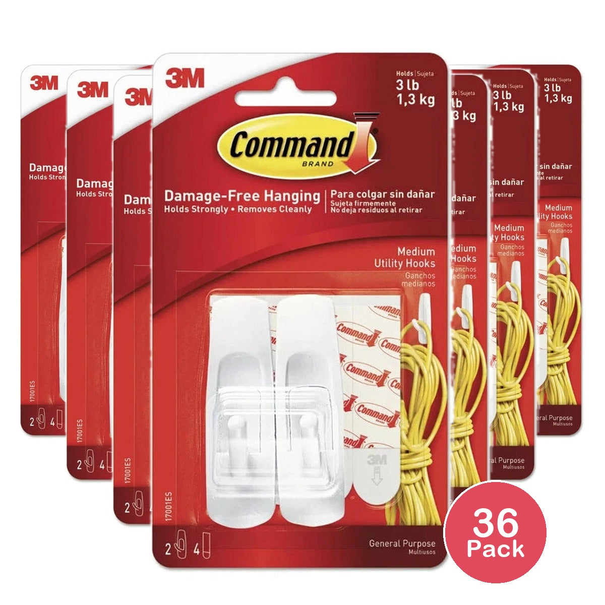 Command Medium Utility Hooks White Damage Free Organizing 2 Hooks and 4 Comma (Pack of 36)