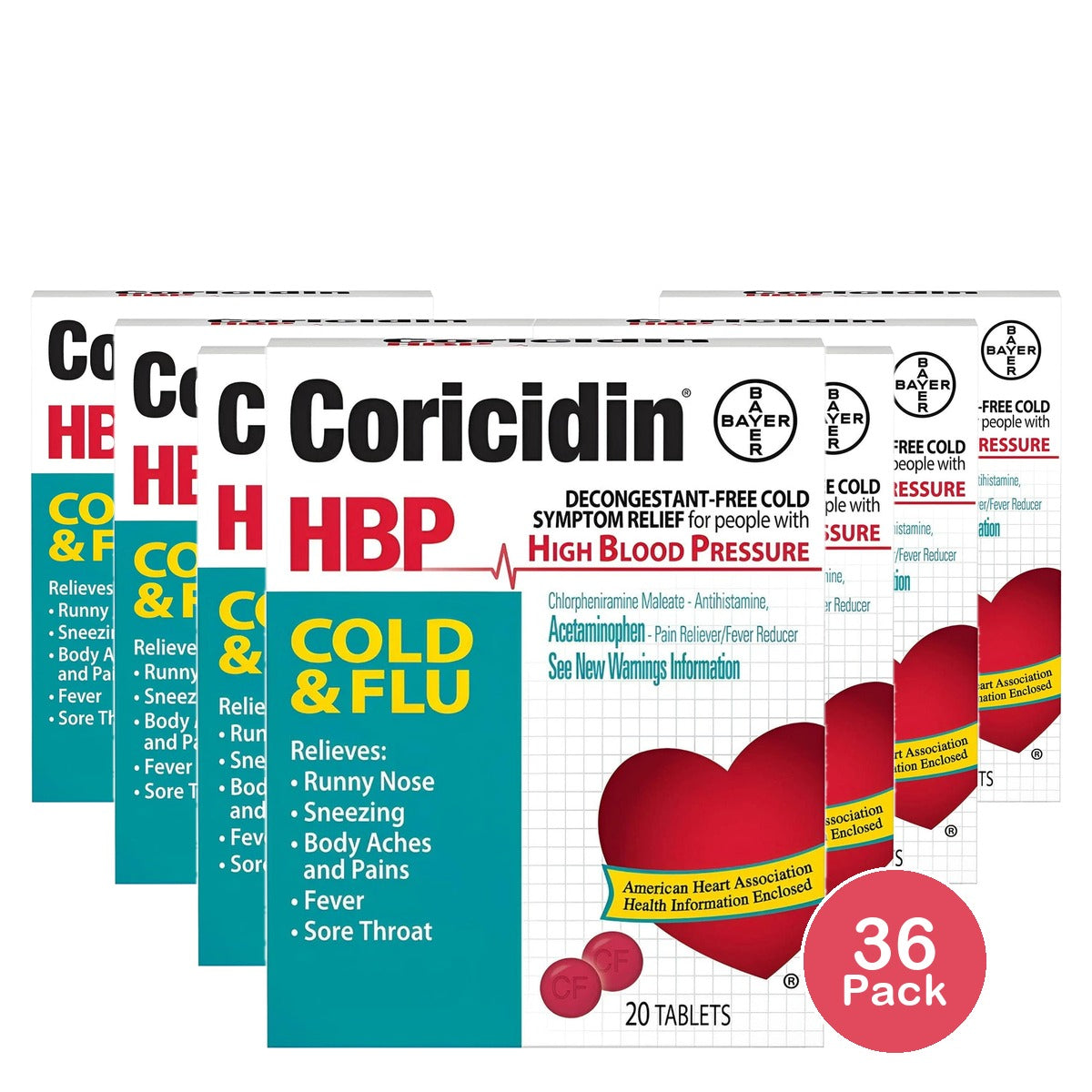 Coricidin HBP Cold & Flu Relief Tablets High Blood Pressure 20 Ct (Pack of 36)