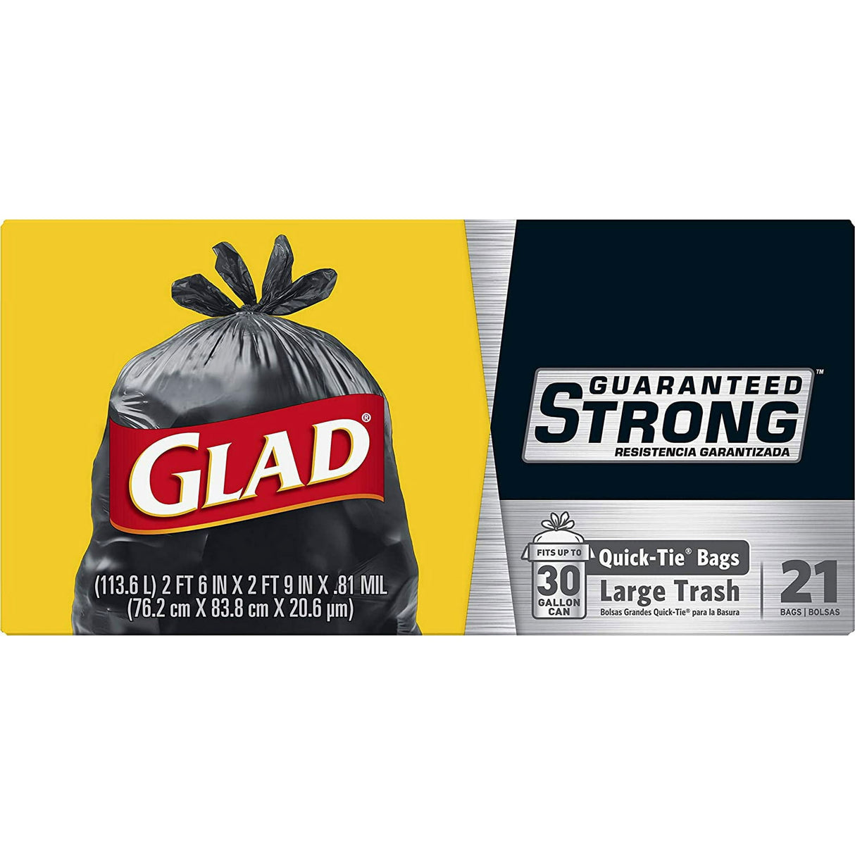 Glad Strong Quick-Tie Large Trash Bags, 30 Gallon, Black (Pack of 9)