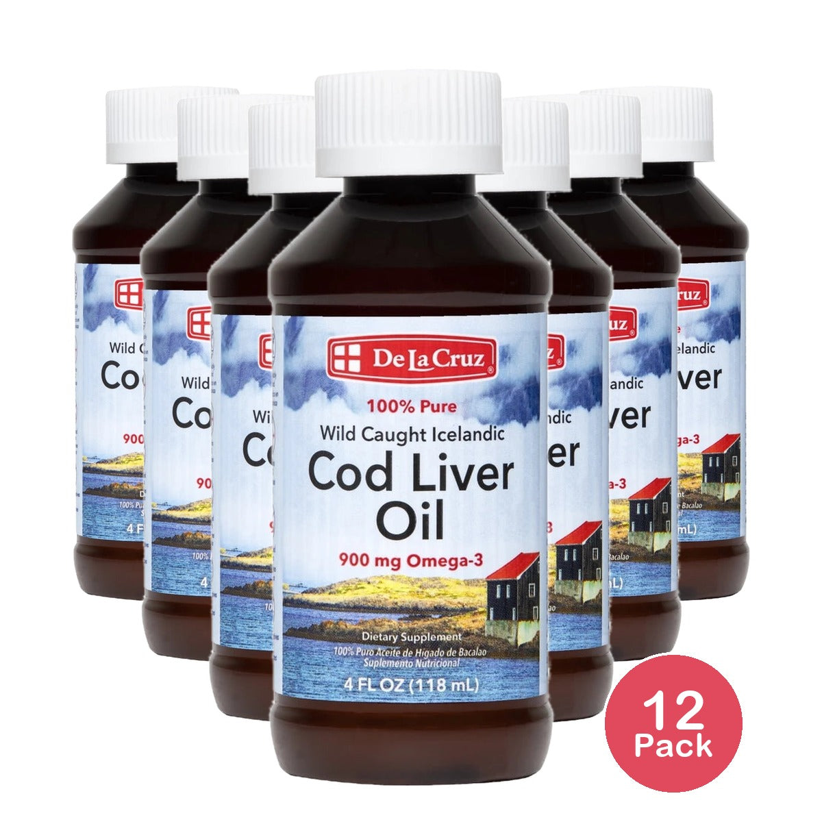 De La Cruz Cod Liver Oil Omega 3 Pure Fish Oil Supplement Liquid 4 Fl Oz (Pack of 12)