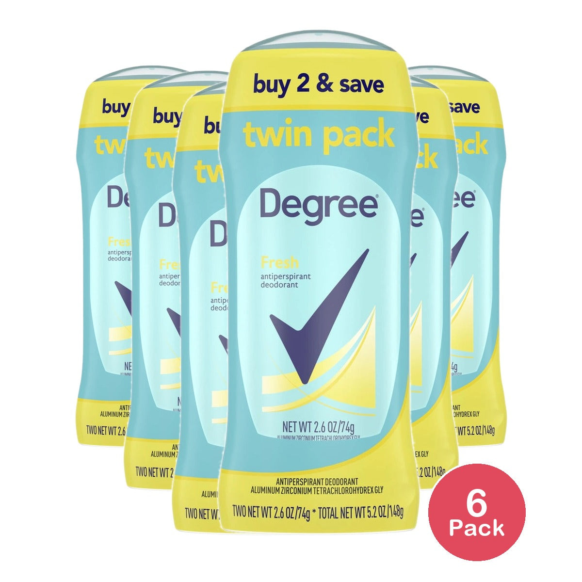 Degree Long Lasting Antiperspirant Deodorant Stick Twin Pack Fresh 2.6 Oz (Pack Of 6)