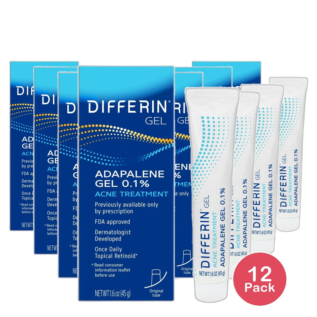 Differin with Adapalene Gel Acne Treatment 1.6Oz (Pack of 12)