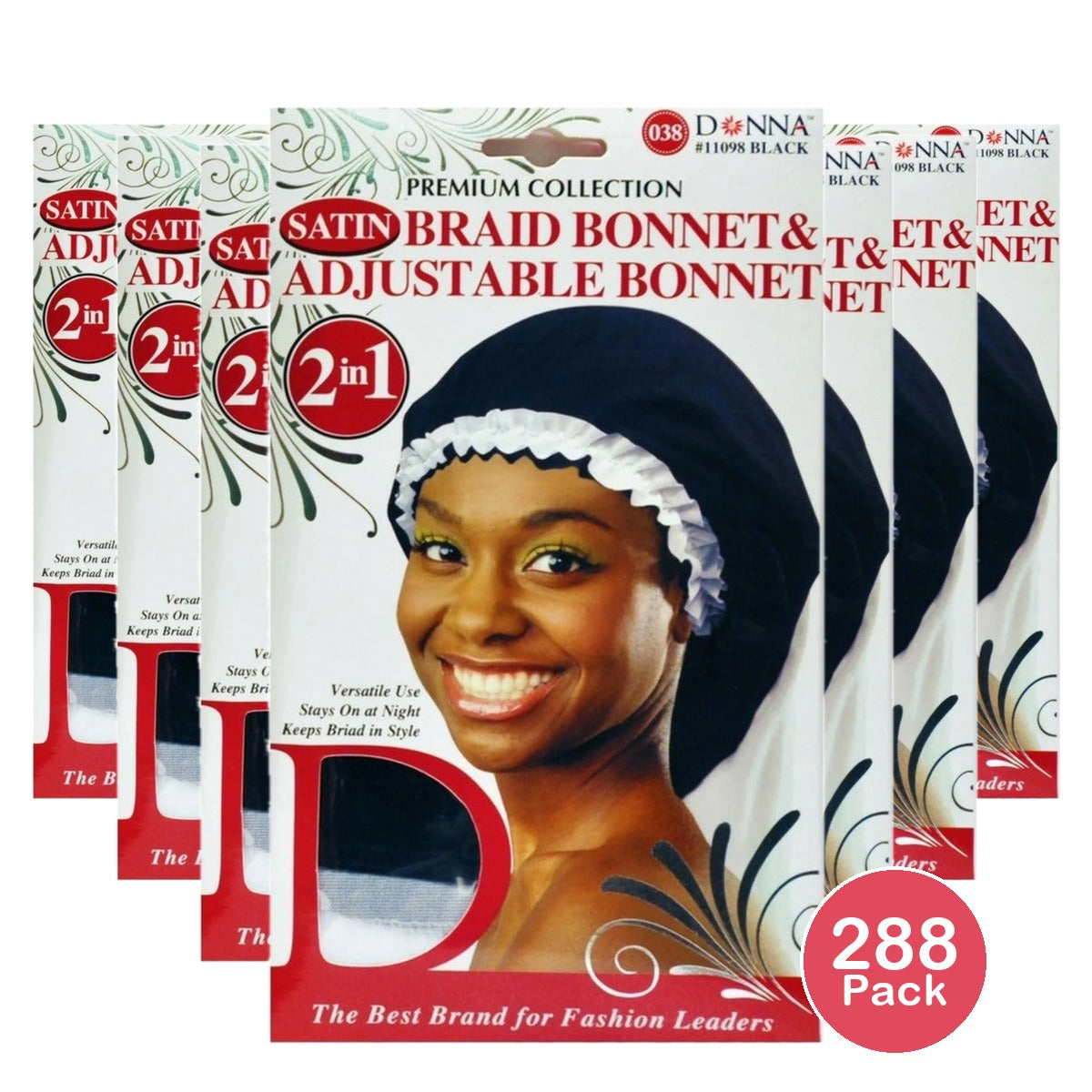 Donna Premium Satin Braid Bonnet & Adjustable Bonnet Black (Pack of 288)