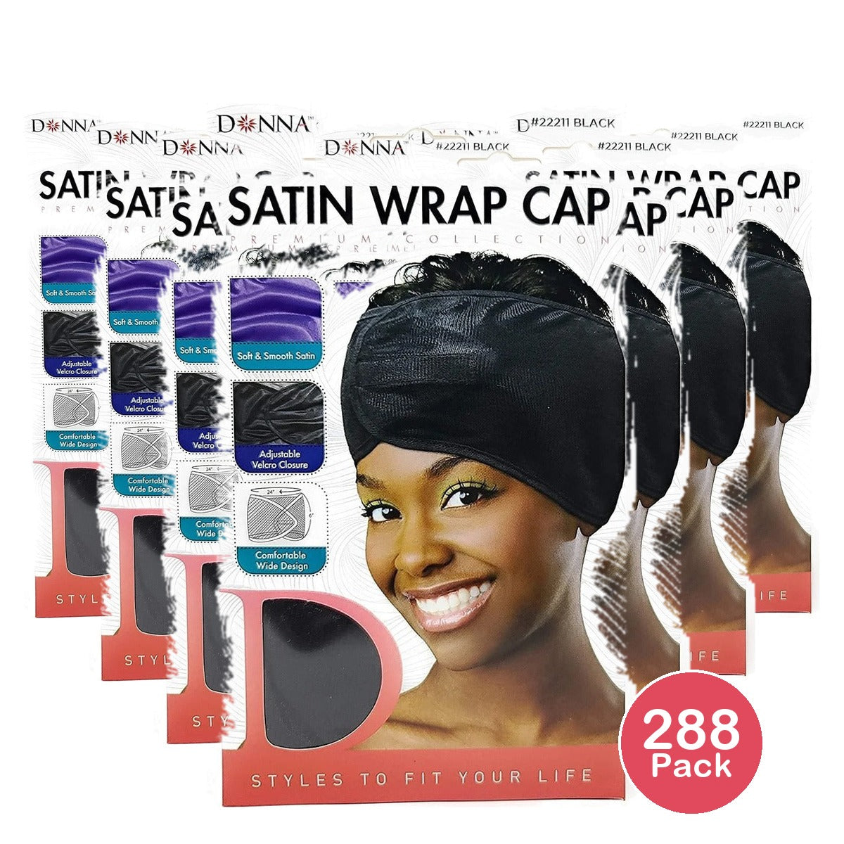 Donna Premium Satin Wrap Cap Black (Pack of 288)