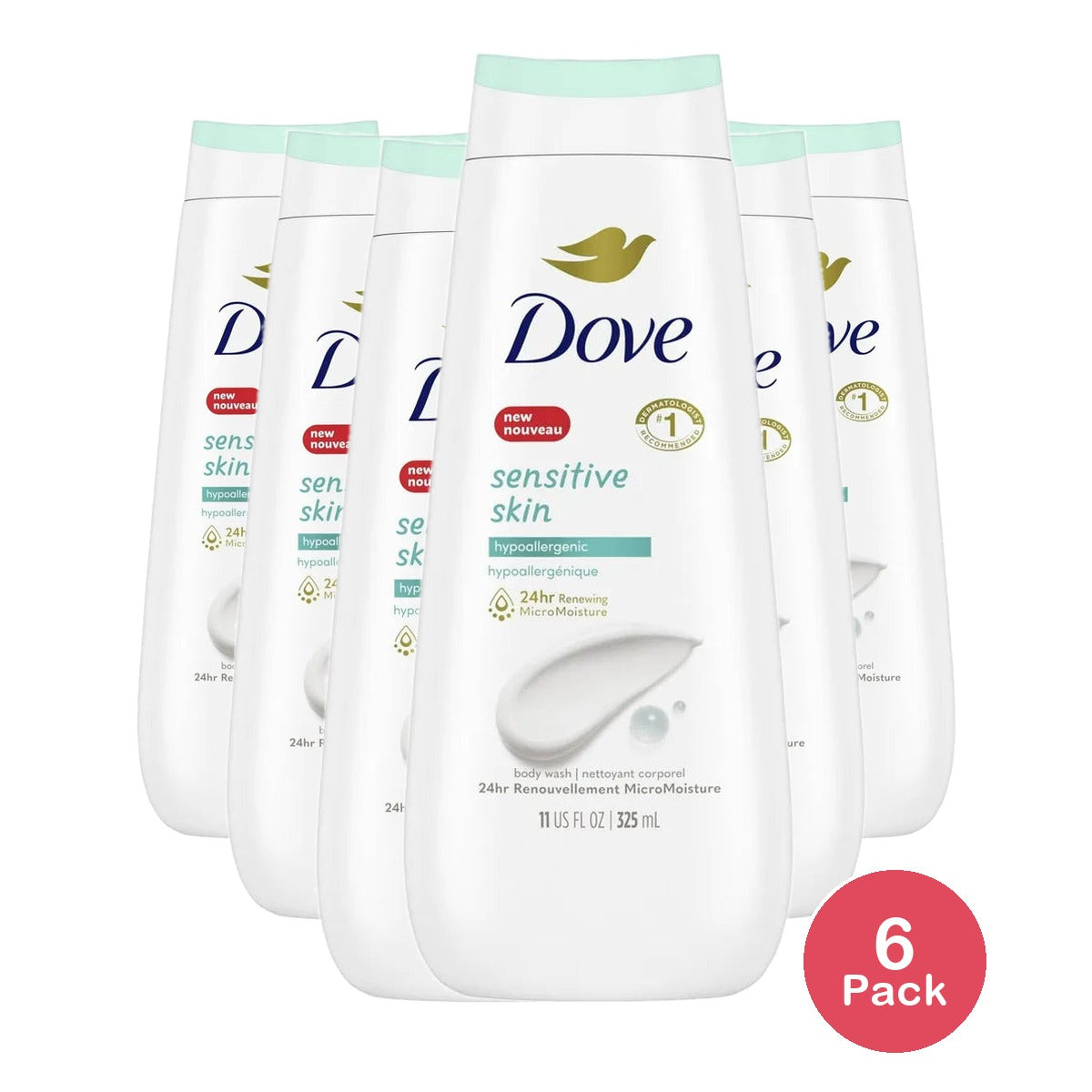 Dove All Day Moisturizing Body Wash Sensitive Skin 11Oz (Pack of 6)
