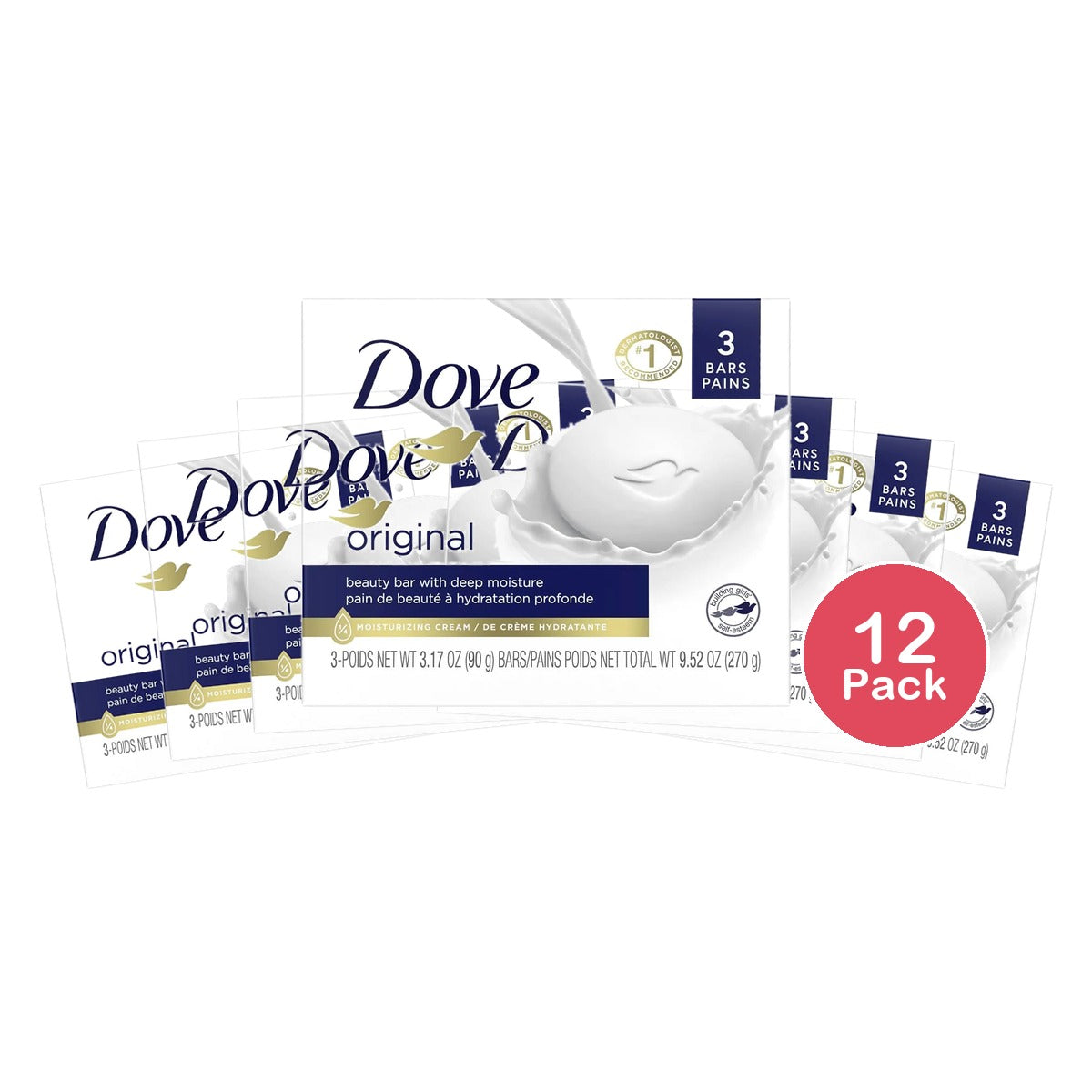 Dove Beauty Bar Gentle Skin Cleanser Original Made With 1/4 Moisturizing Cream 3 Ea 3.17Oz (Pack of 12)