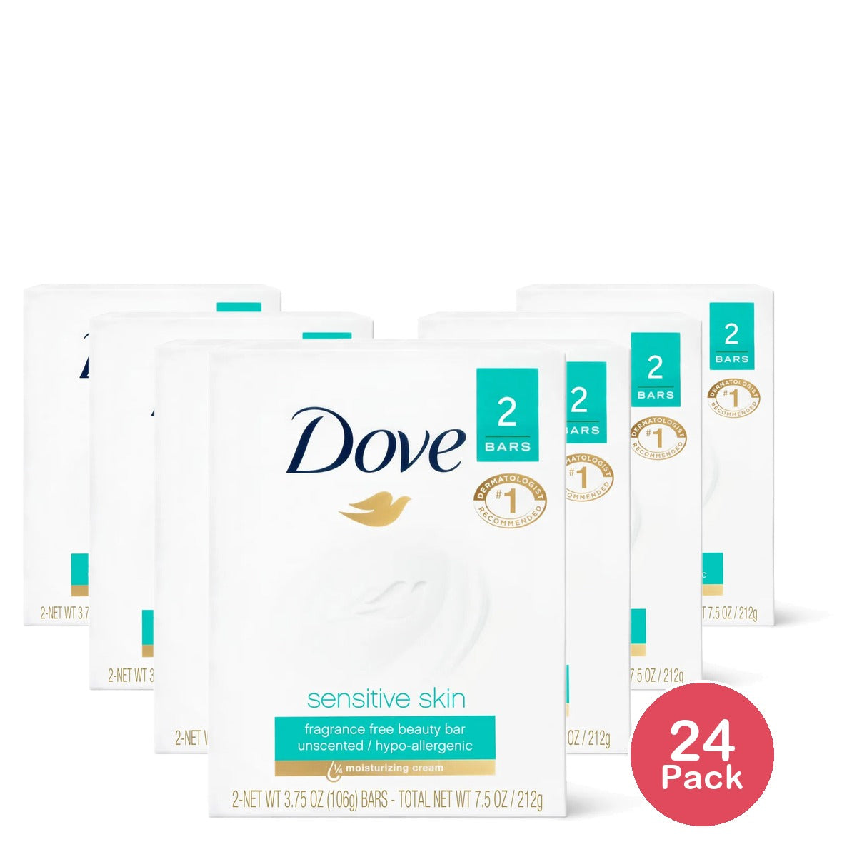 Dove Beauty Bar Sensitive Skin More Moisturizing Than Bar Soap 2 Ea 3.75Oz (Pack of 24)