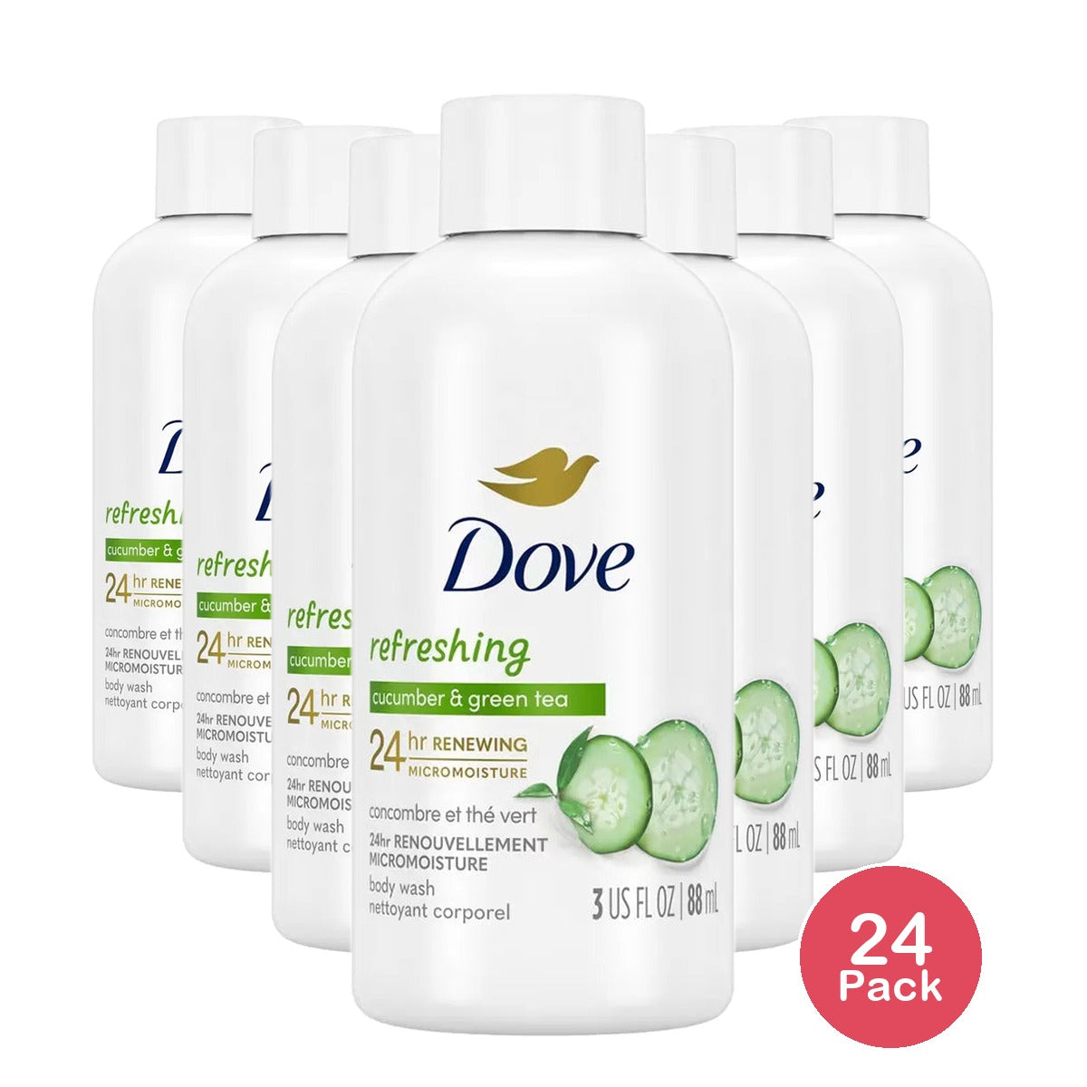Dove Beauty Body Wash Refreshing Cucumber and Green Tea Travel Size 3Oz (Pack of 24)