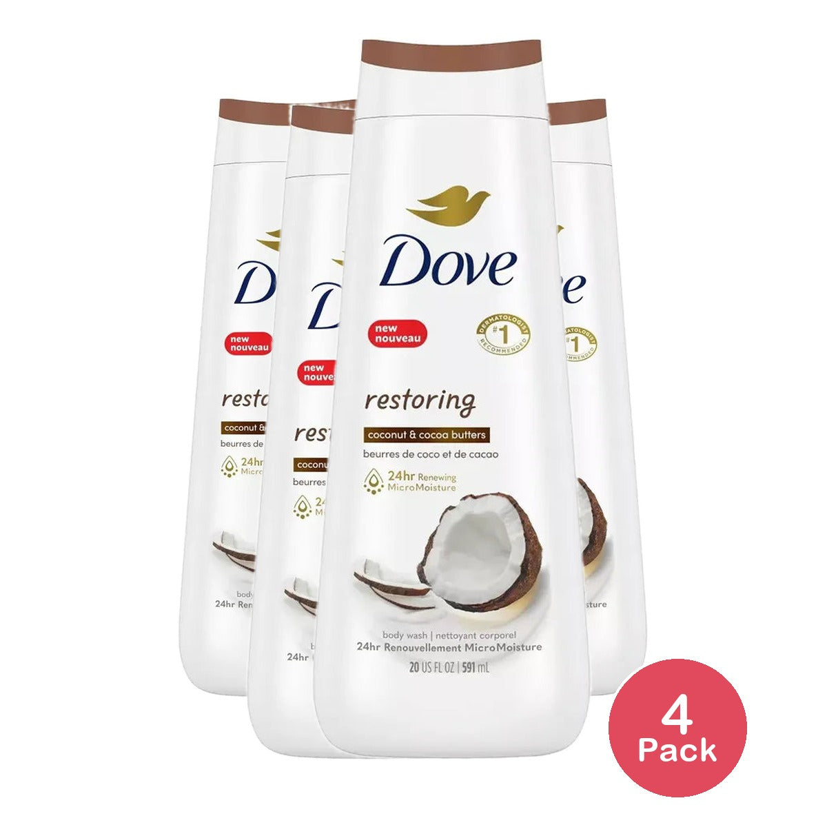 Dove Beauty Restoring Coconut Butter & Cocoa Butter Nourishing Body Wash 20Oz (Pack of 4)