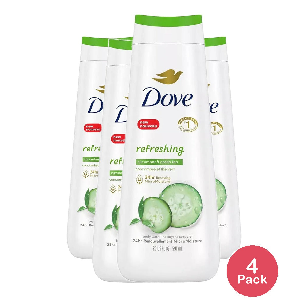 Dove Body Wash Cool Moisture Cucumber and Green Tea 20Oz (Pack of 4)