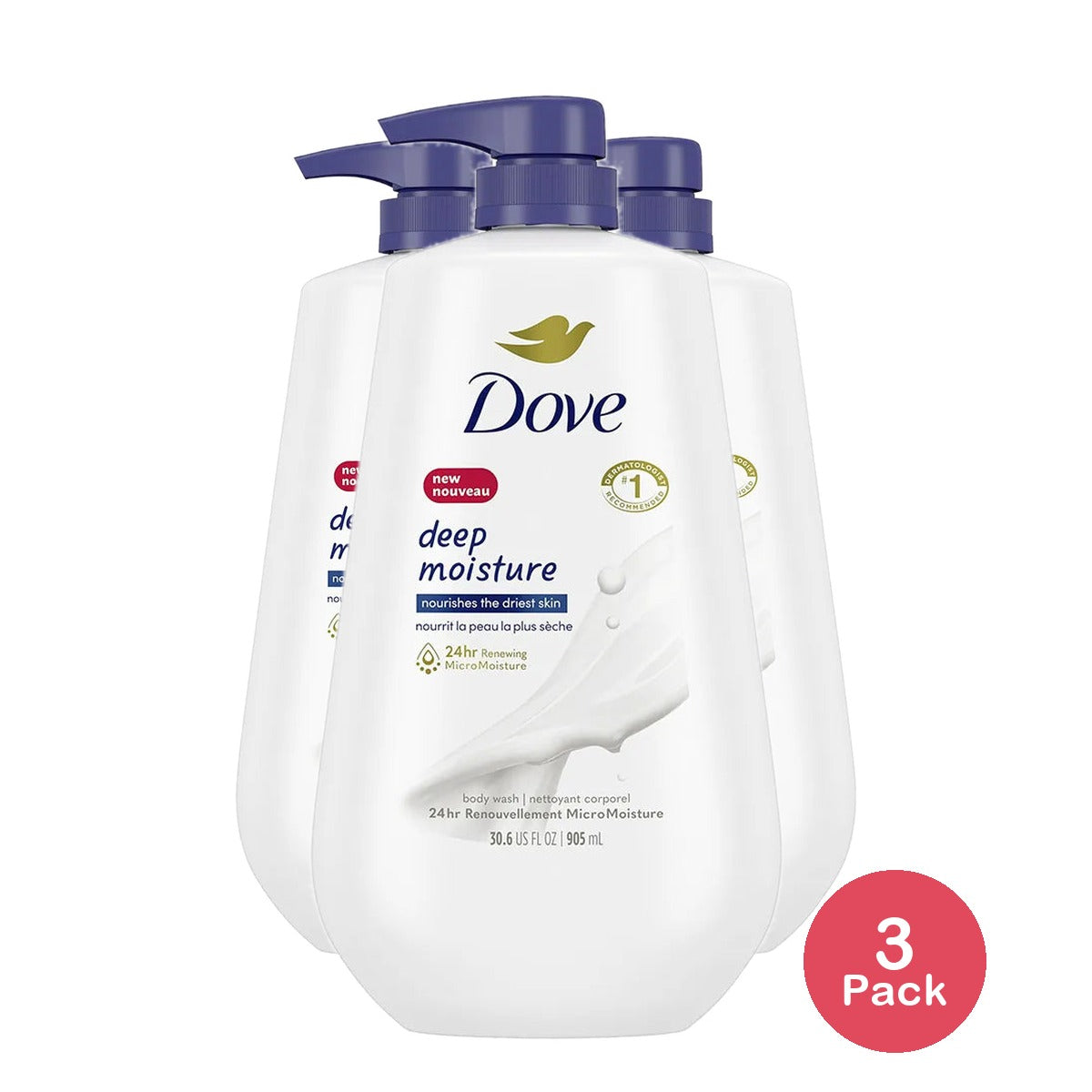Dove Deep Moisture Nourishing Long Lasting Body Wash 30.6Oz (Pack of 3)