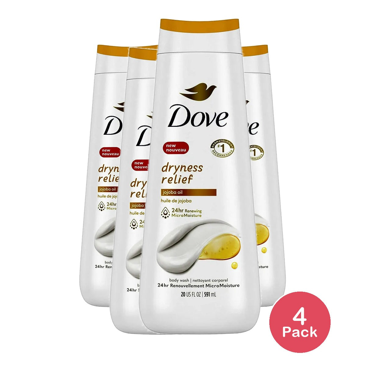 Dove Dryness Relief with Jojoba Oil Womens Body Wash Soap 22Oz (Pack of 4)