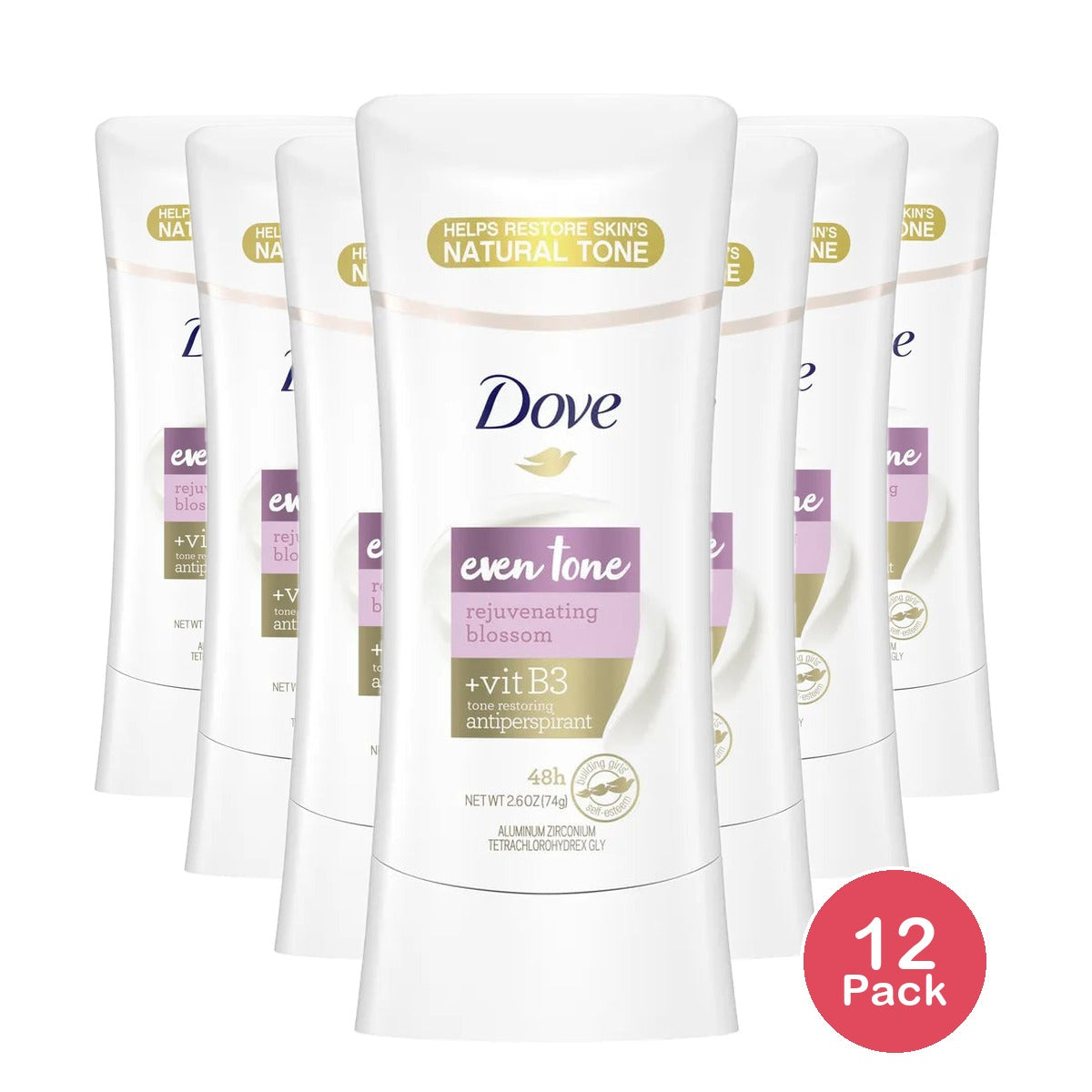 Dove Even Tone Antiperspirant Deodorant Stick Peach Blossom & Rice Milk 2.6 oz (Pack of 12)