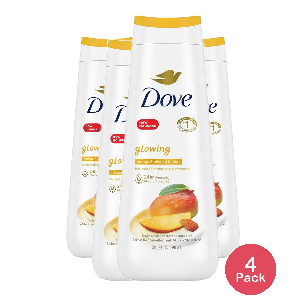 Dove Glowing Mango Butter and Almond Butter Body Wash 20Oz (Pack of 4)