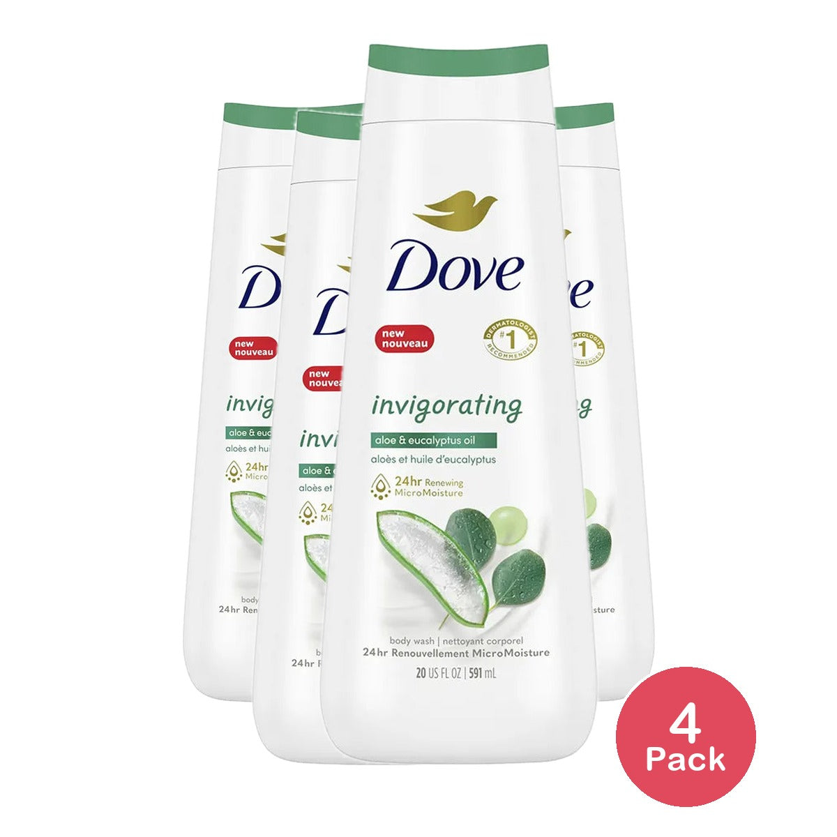 Dove Invigorating Liquid Body Wash Aloe and Eucalyptus Scent 20Oz (Pack of 4)