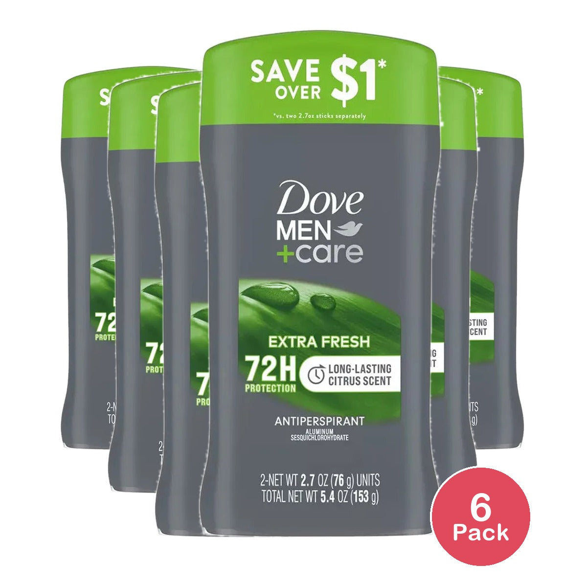 Dove Men Plus Care 72 Hour Antiperspirant Deodorant Stick Extra Fresh 2.7Oz (Pack of 6)