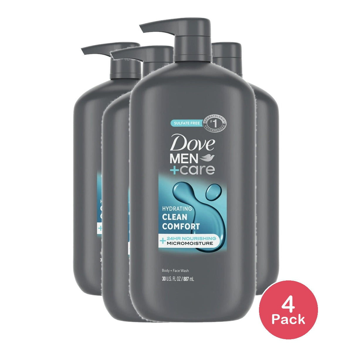 Dove Men+Care Clean Comfort Hydrating Body & Face Wash Pump - Sulfate Free - 30 OZ(Pack of 4)