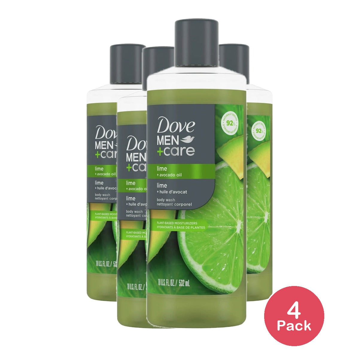 Dove Men+Care Invigorating Hydrating Men's Body Wash Lime and Avocado Oil 18 fl OZ(Pack of 4)