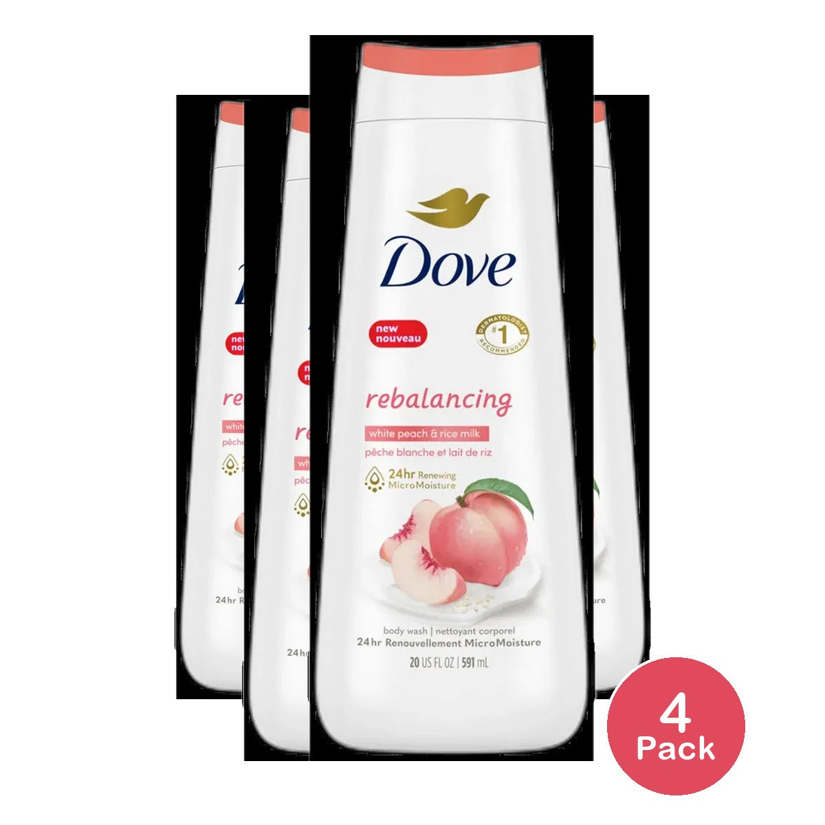 Dove Rebalancing Body Wash Peach and rice milk 20Oz (Pack of 4)