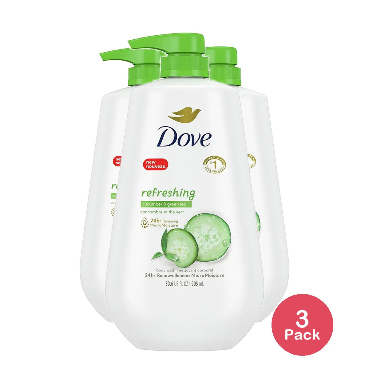 Dove Refreshing Long Lasting Gentle Body Wash Cucumber and Green Tea 30.6Oz (Pack of 3)