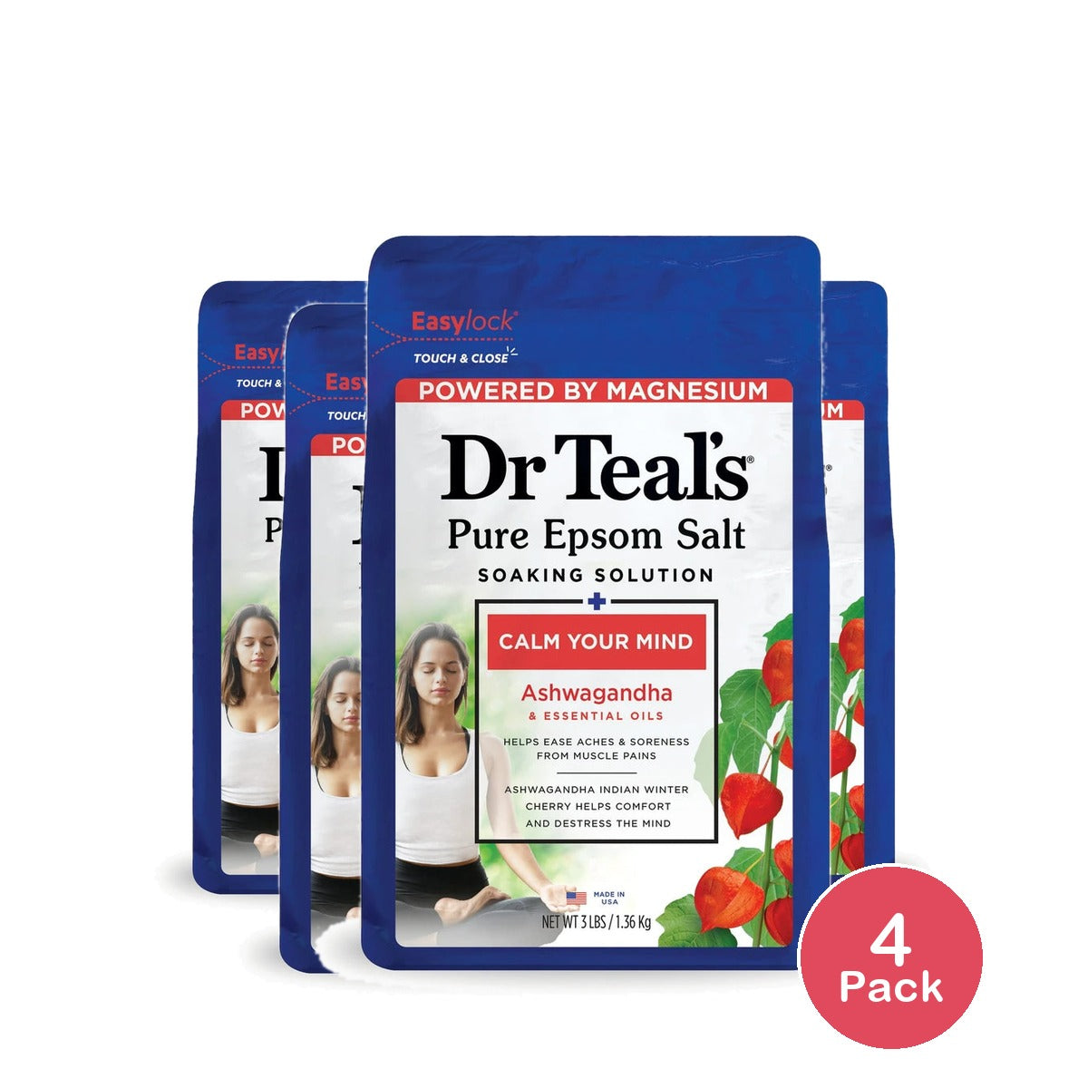 Dr Teal's Epsom Salt Magnesium Soak Ashwagandha & Essential Oils 48 Oz (Pack of 4)