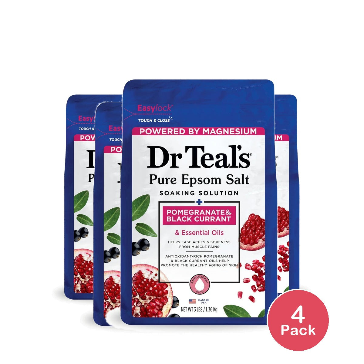 Dr Teal's Epsom Salt Magnesium Soak Pomegranate Oil & Black Currant 48 Oz (Pack of 4)
