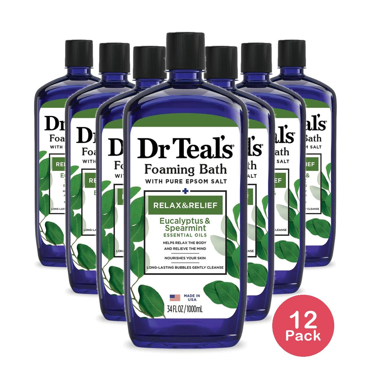 Dr Teal's Relax & Relief Foaming Bubble Bath with Pure Epsom Salt Eucalyptus & 34 Oz (Pack of 12)