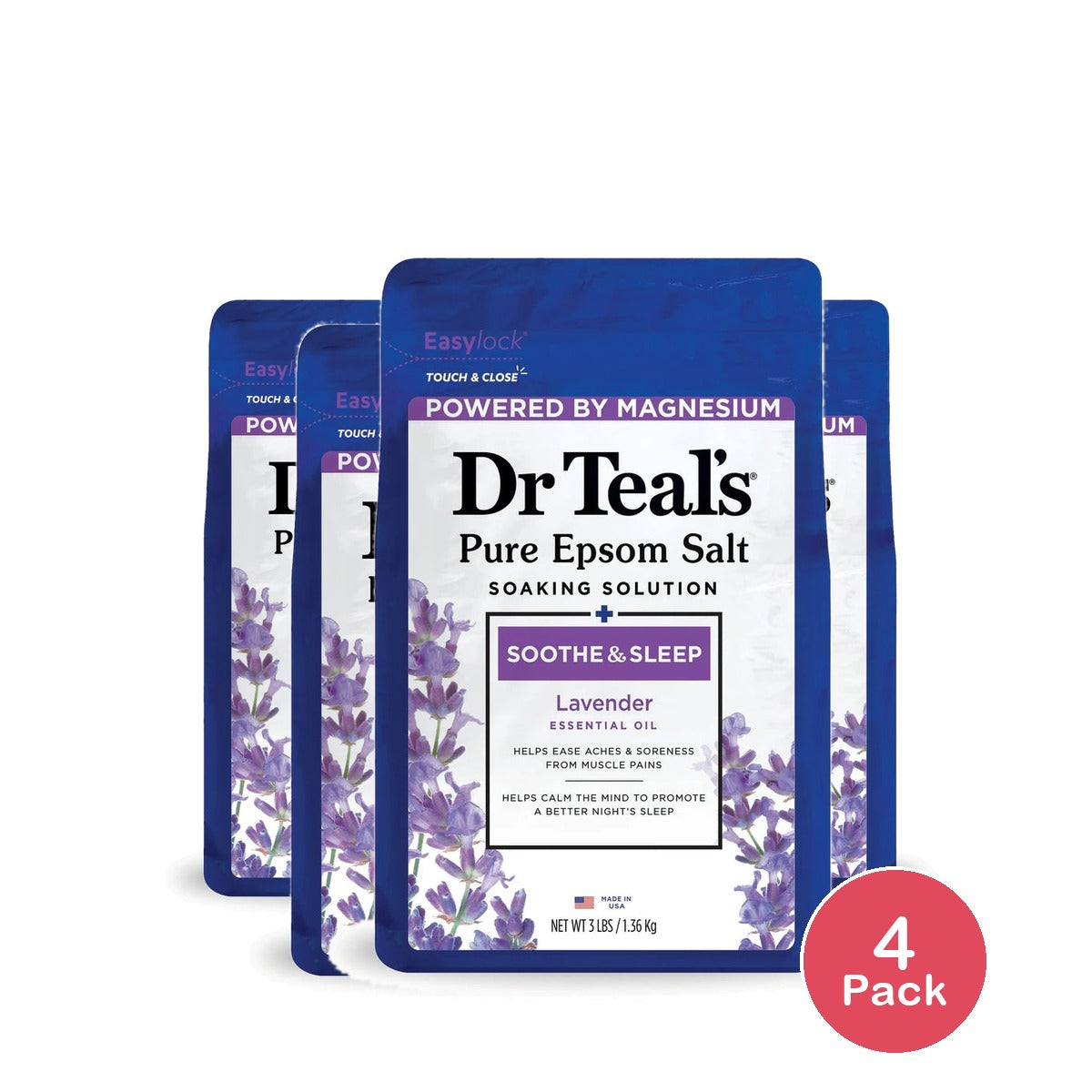 Dr Teal's Epsom Salt Magnesium Soak - Soothe & Sleep with Lavender - 48 Oz (Pack of 4)