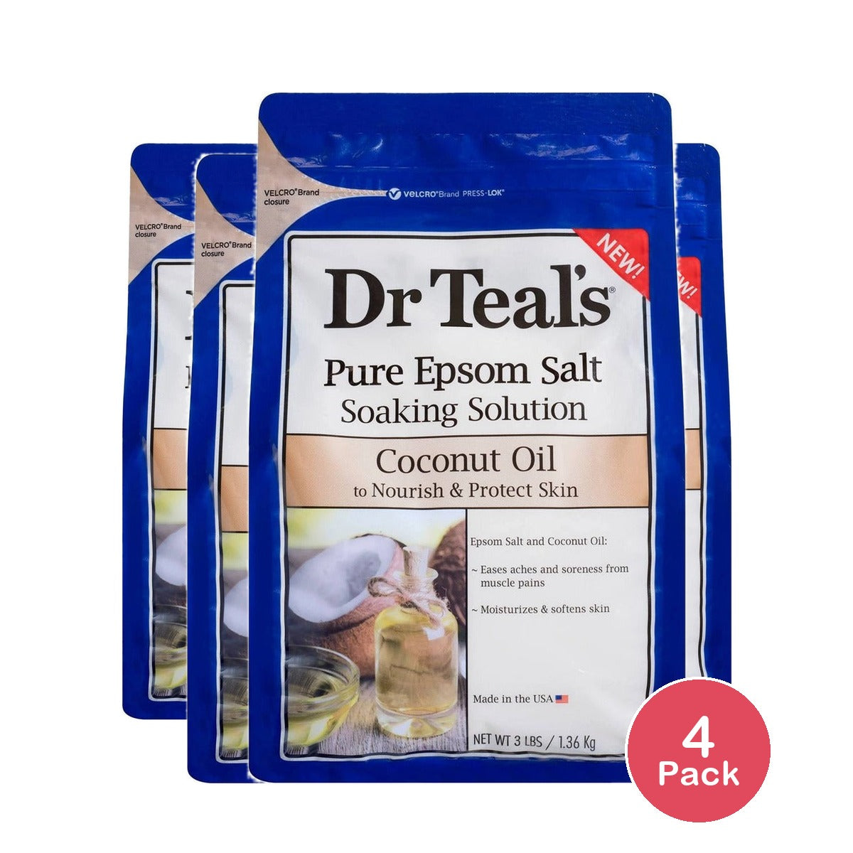 Dr Teal's Epsom Salt Soak Coconut Oil 3 Lb (Pack of 4)