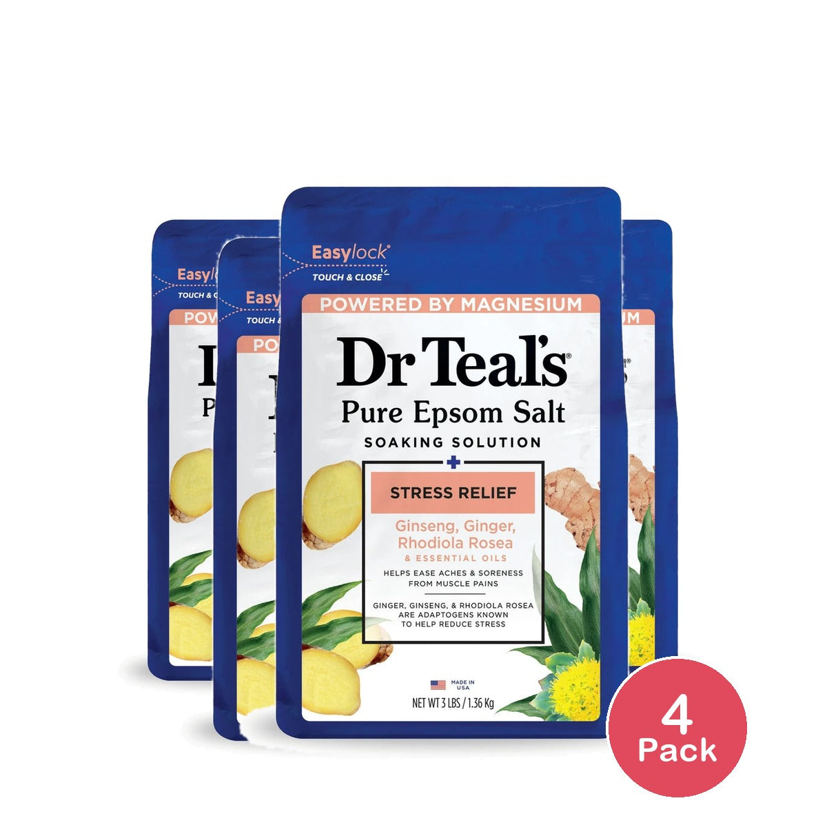 Dr Teal's Stress Relief & Essential Oils Pure Epsom Salt Soaking Solution - 48 Oz (Pack of 4)