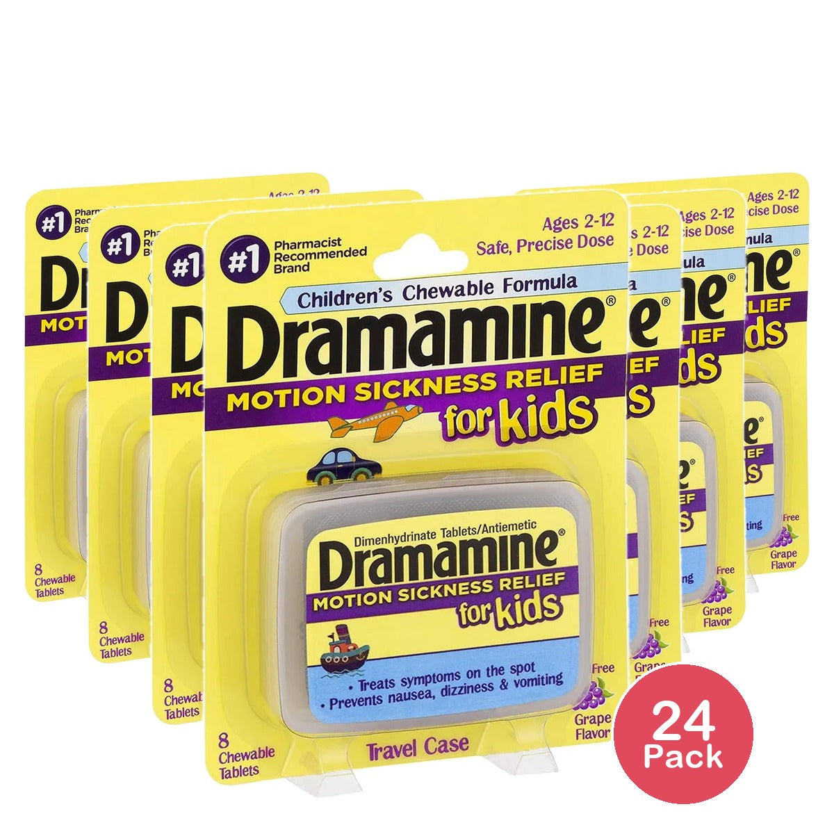 Dramamine Motion Sickness Relief Chewable Tablets For Kids Grape Flavor8 Ea 1.28oz (Pack of 24)