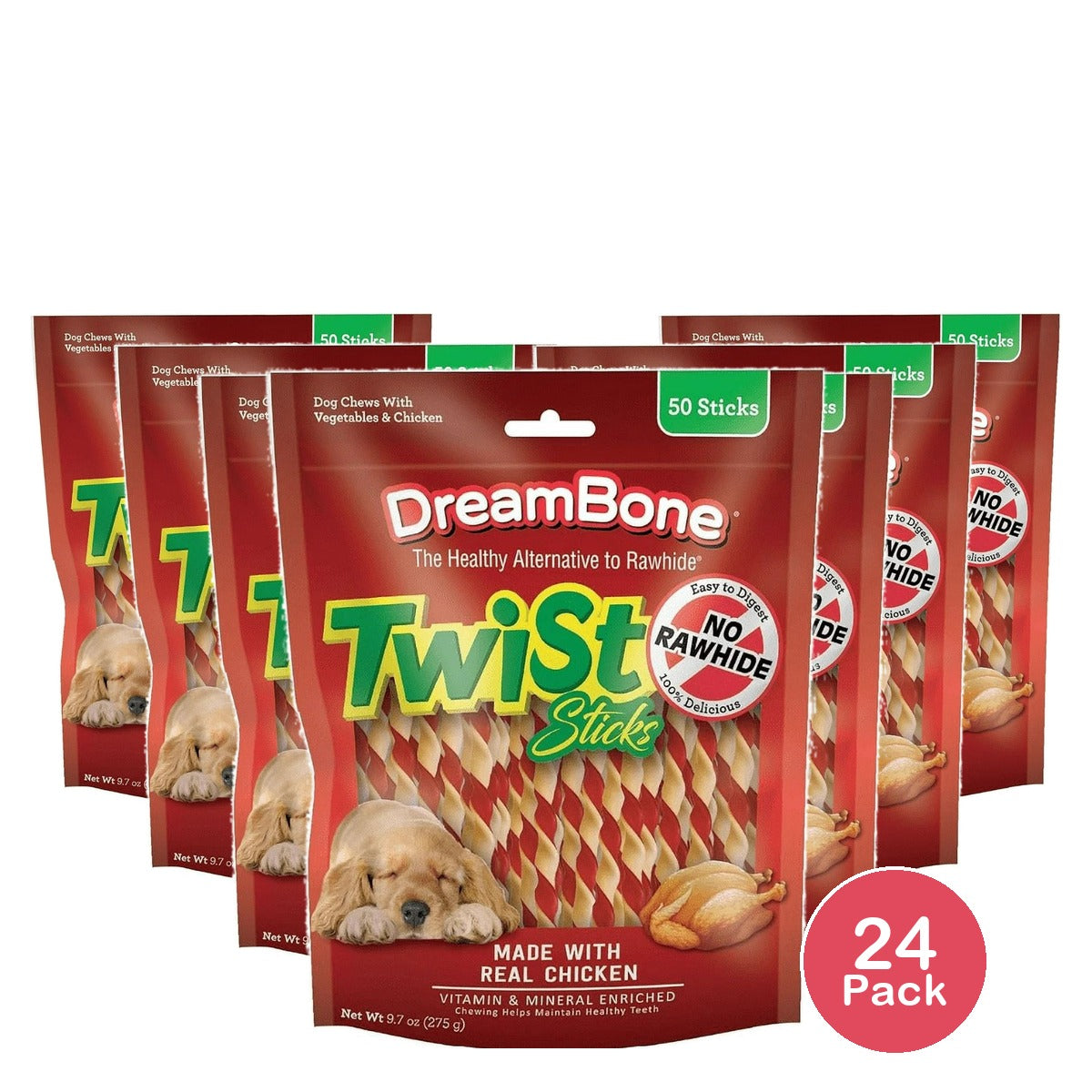 DreamBone Twist Sticks Rawhide-Free Chews for Dogs with Real Vegetables and Chicken 50 Count 9.7 Oz (Pack of 24)