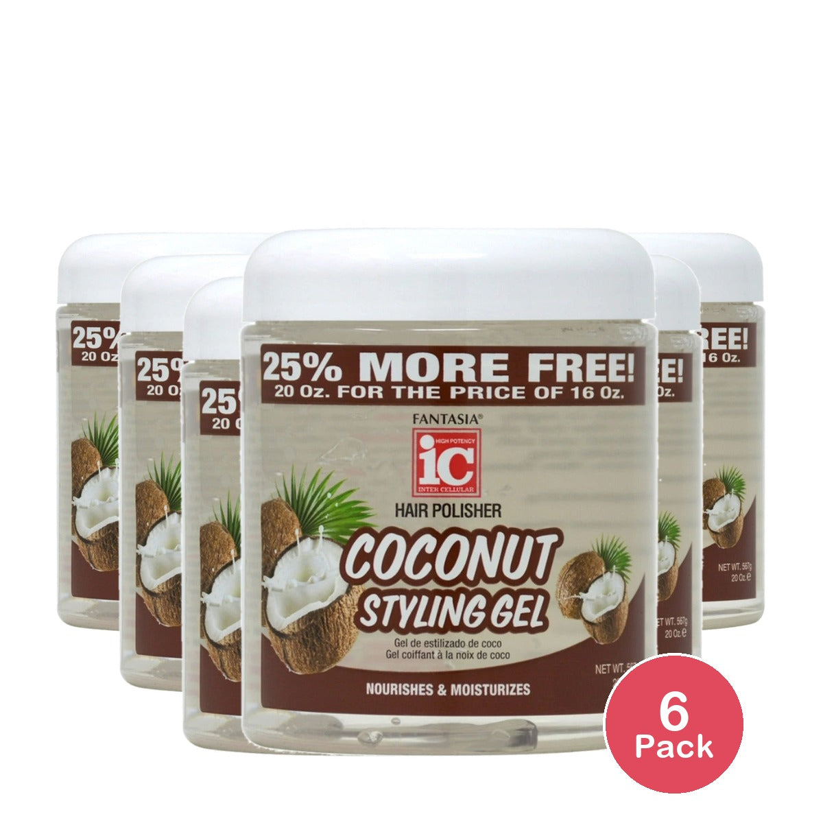 Fantasia Coconut Styling Gel 20 oz. Moisturizing Nourishing All Hair Types U (Pack of 6)