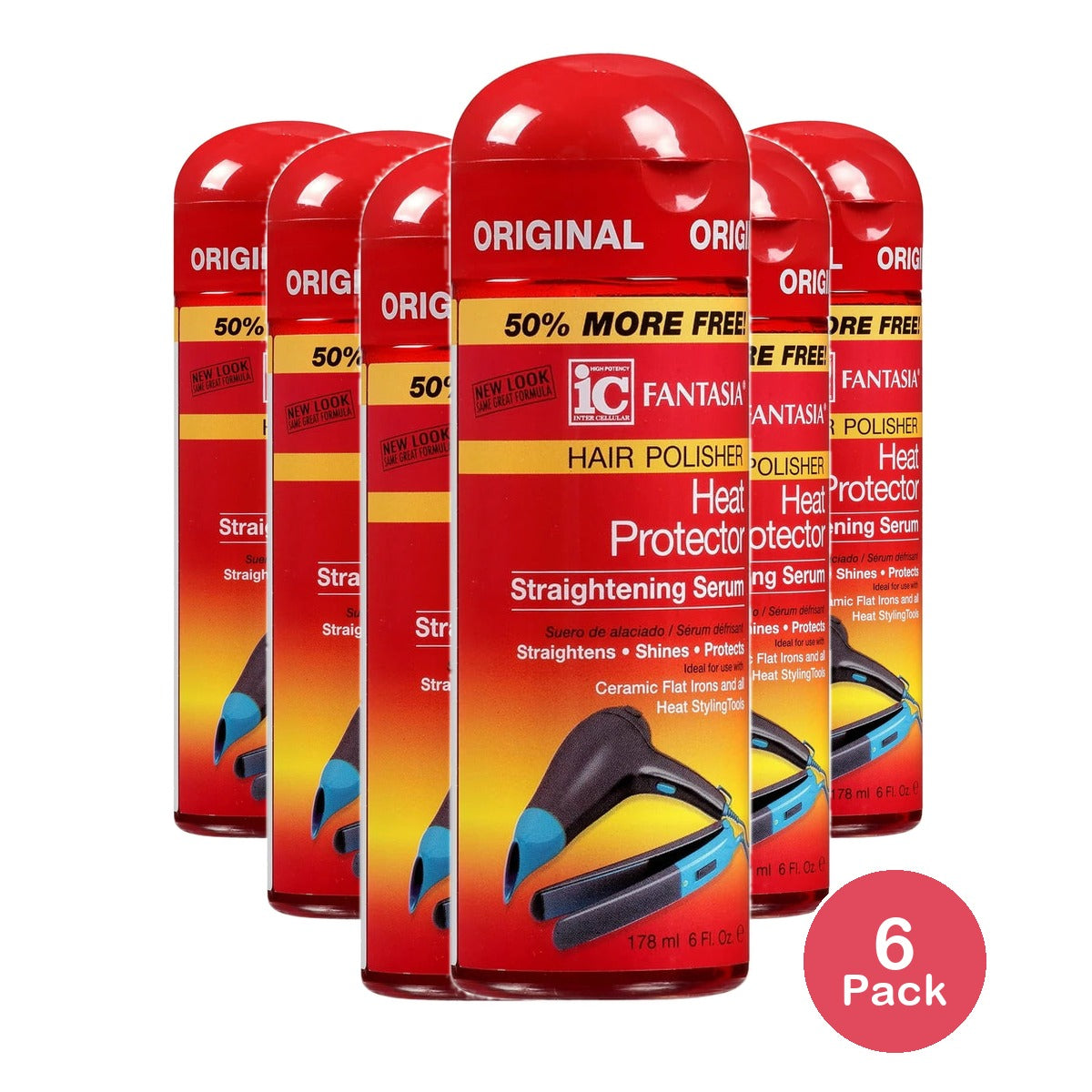 Fantasia High Potency IC Original Heat Protector Straightening Serum, 6 fl. oz., Chemically Damaged, Unisex. (Pack of 6)