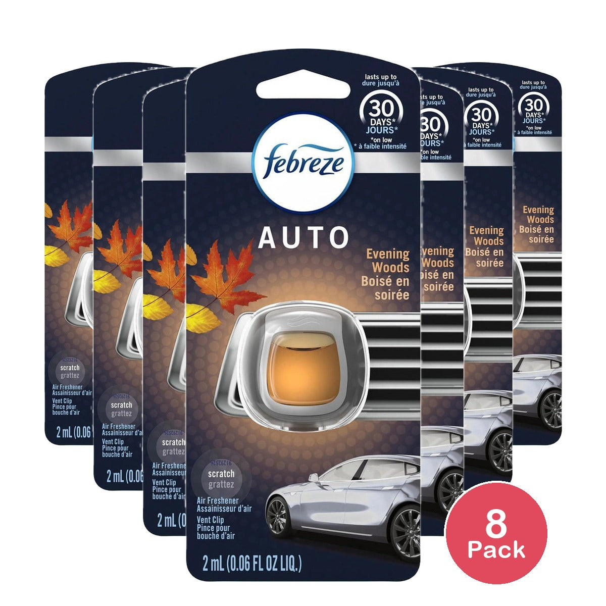 Febreze Auto Odor-Eliminating Car Freshener Vent Clip Evening Woods 0.06 Oz Car (Pack Of 8)