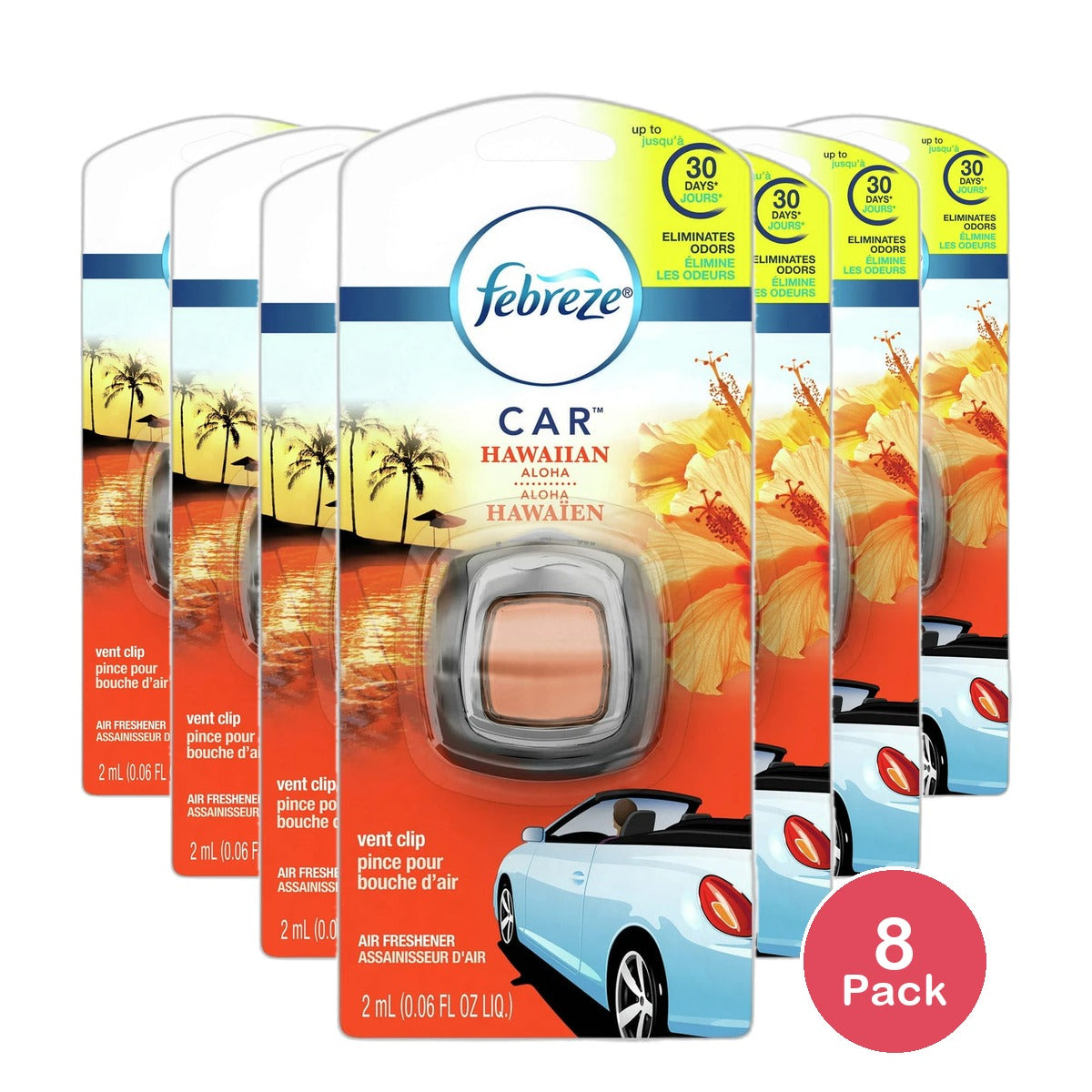 Febreze Car Odor-Eliminating Air Freshener Vent Clip Hawaiian Aloha1.0 Ea 0.06Oz (Pack Of 8)