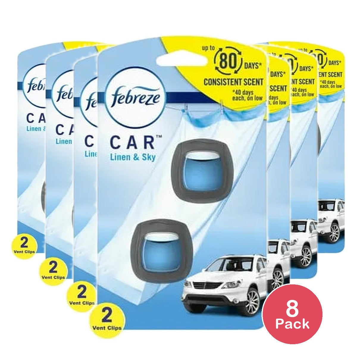 Febreze Car Vent Air Freshener Linen & Sky 2 Count 0.13Oz (Pack Of 8)