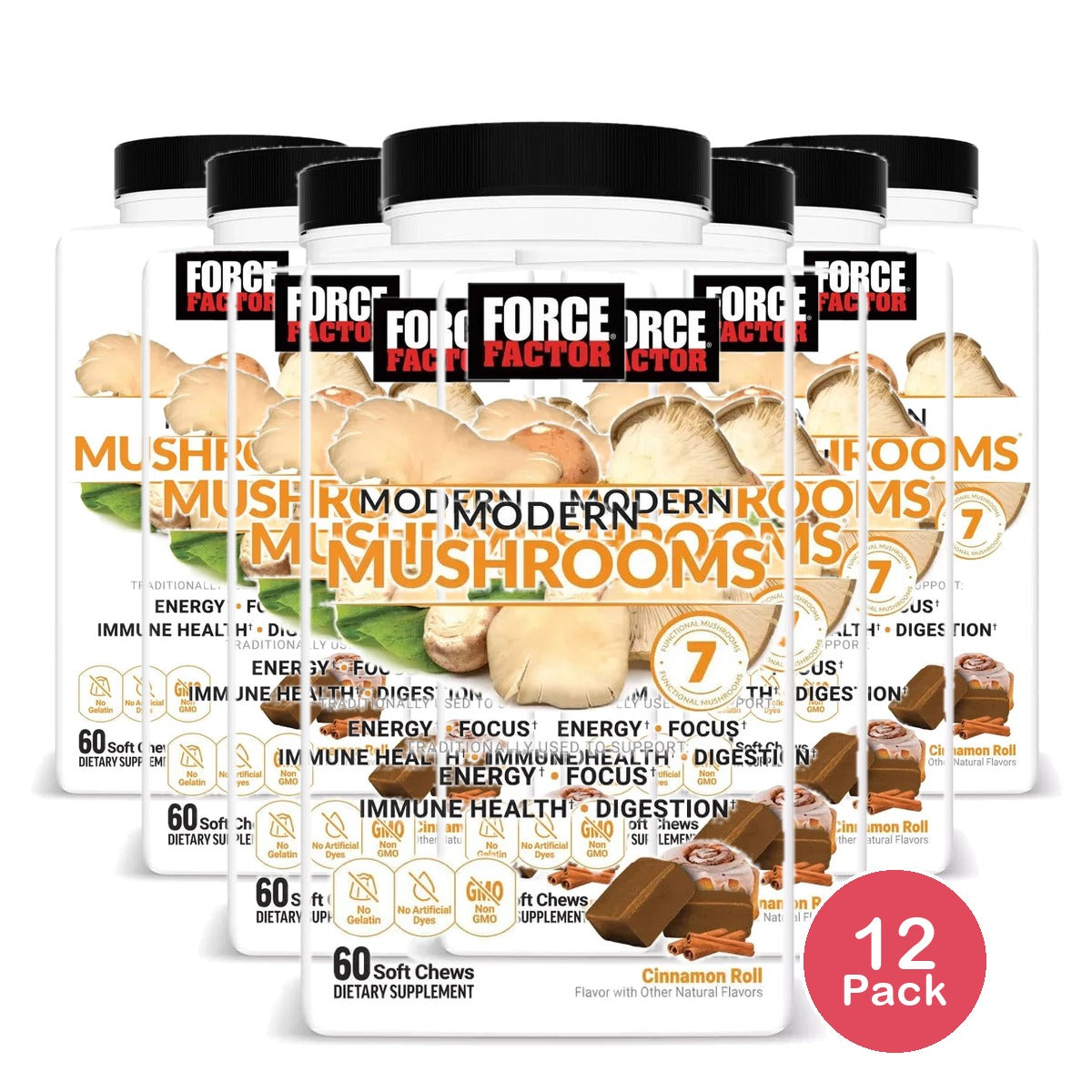 Force Factor Modern Mushrooms Vegan Soft Chews - Cinnamon Roll - 60ct 15 Oz (Pack of 12)