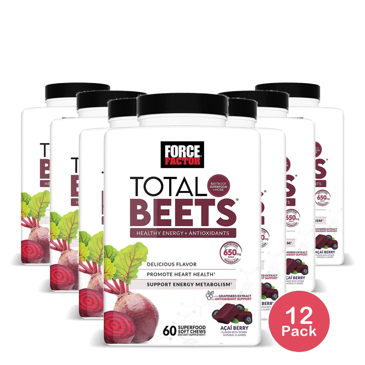 Force Factor Total Beets Dietary Supplements Soft Chews - Acai Berry - 60ct 12Oz (Pack of 12)