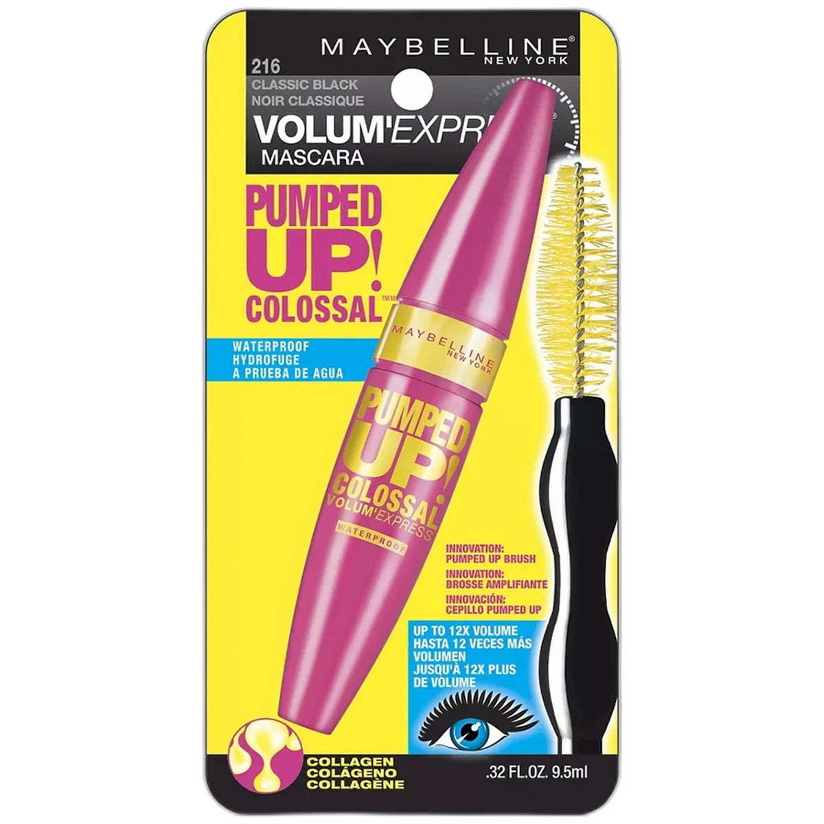 Maybelline Volum Express Pumped Up Colossal Waterproof Mascara Classic Black 0.32Oz (Pack of 72)