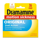 Dramamine Original Formula Motion Sickness Relief Tablets For Nausea, Dizziness 0.64 Oz (Pack Of 24)