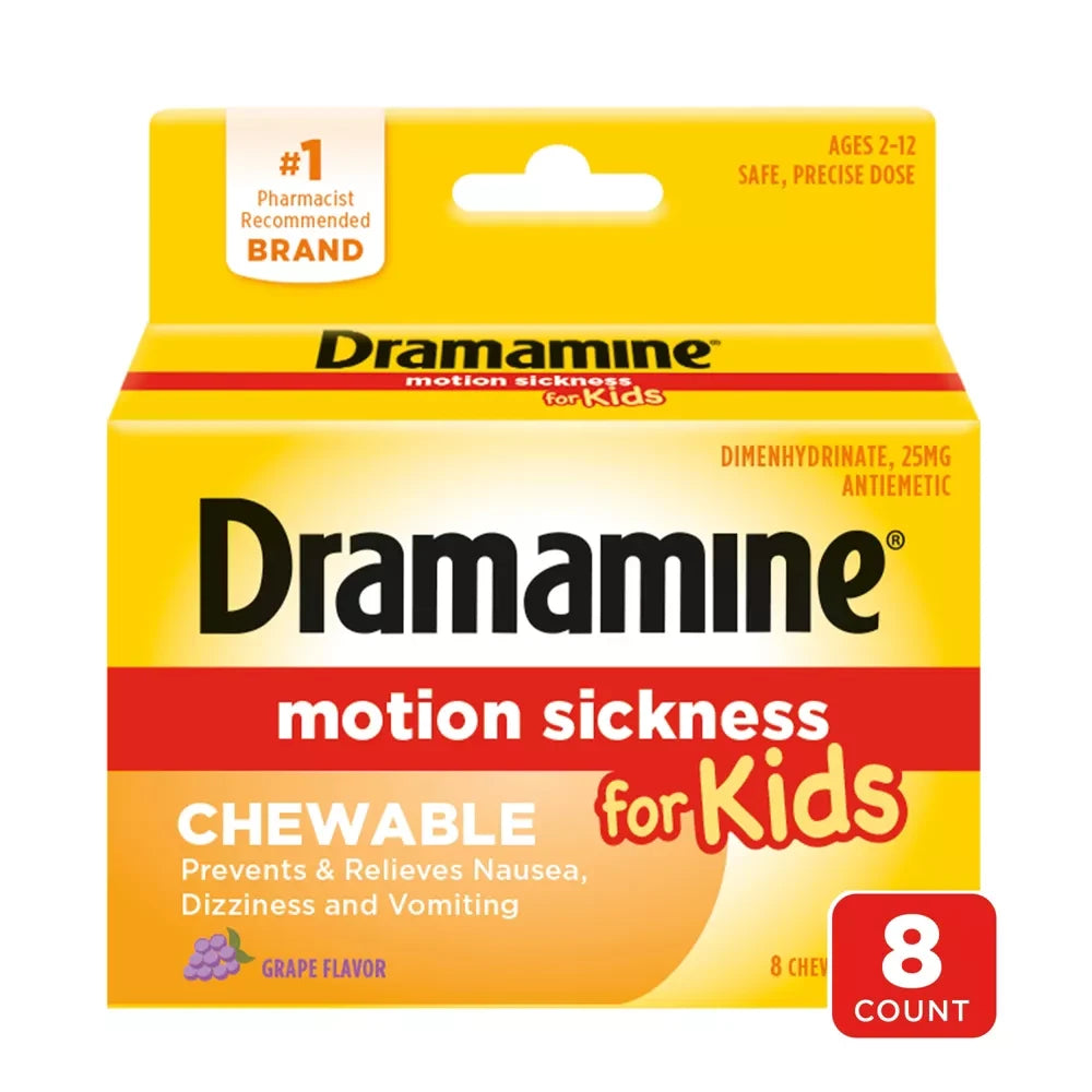 Dramamine Kids Chewable Motion Sickness Relief Tablets for Nausea, Dizziness & Vomiting - Grape -  8ct (Pack of 24)