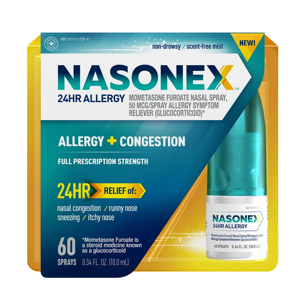 Nasonex 24Hr Non Drowsy Mometasone Furoate Allergy Medicine Nasal Spray - 60 Spr 0.34 Oz (Pack Of 24)