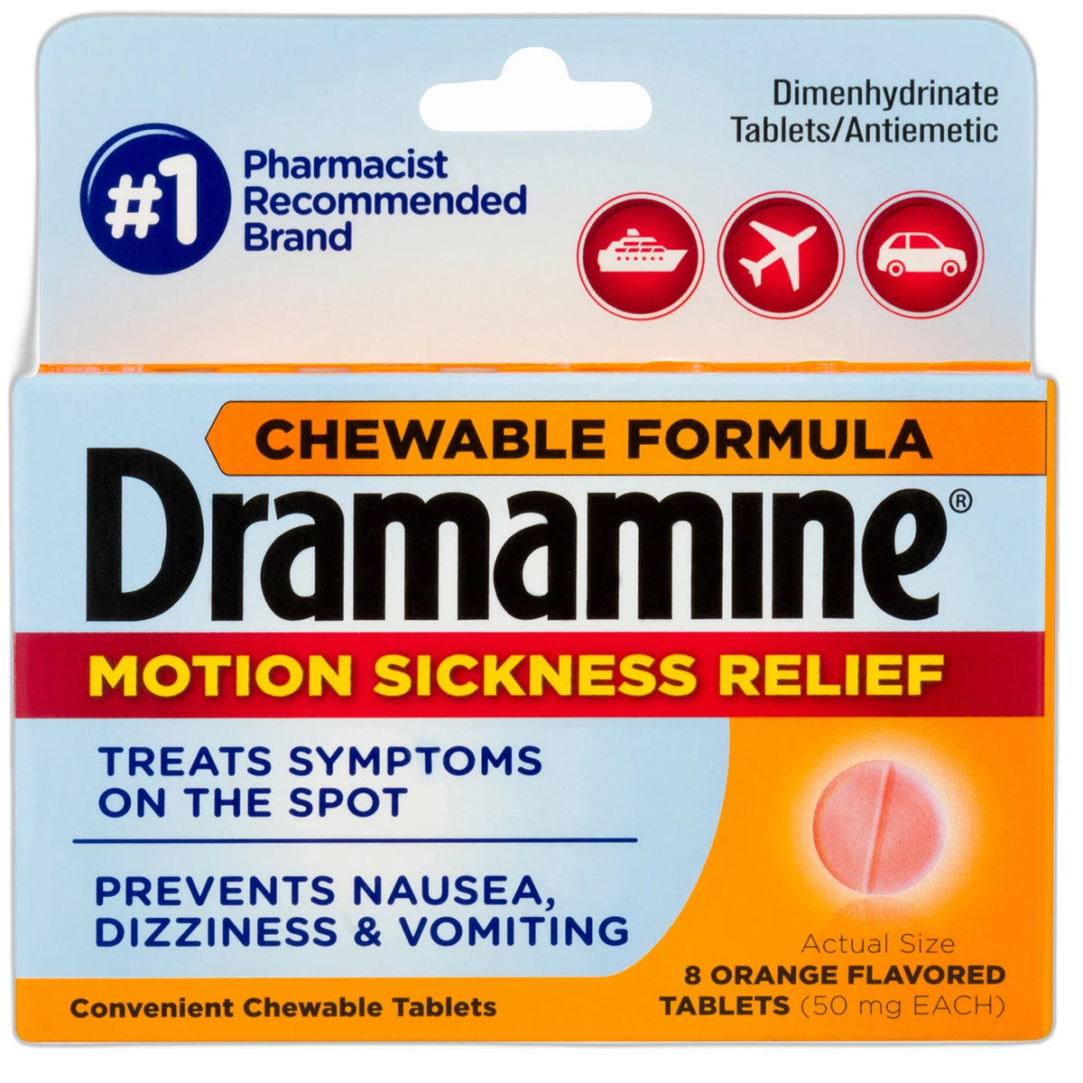Dramamine Chewable Tablets For Motion Sickness Relief8 Ea 0.48Oz (Pack Of 24)