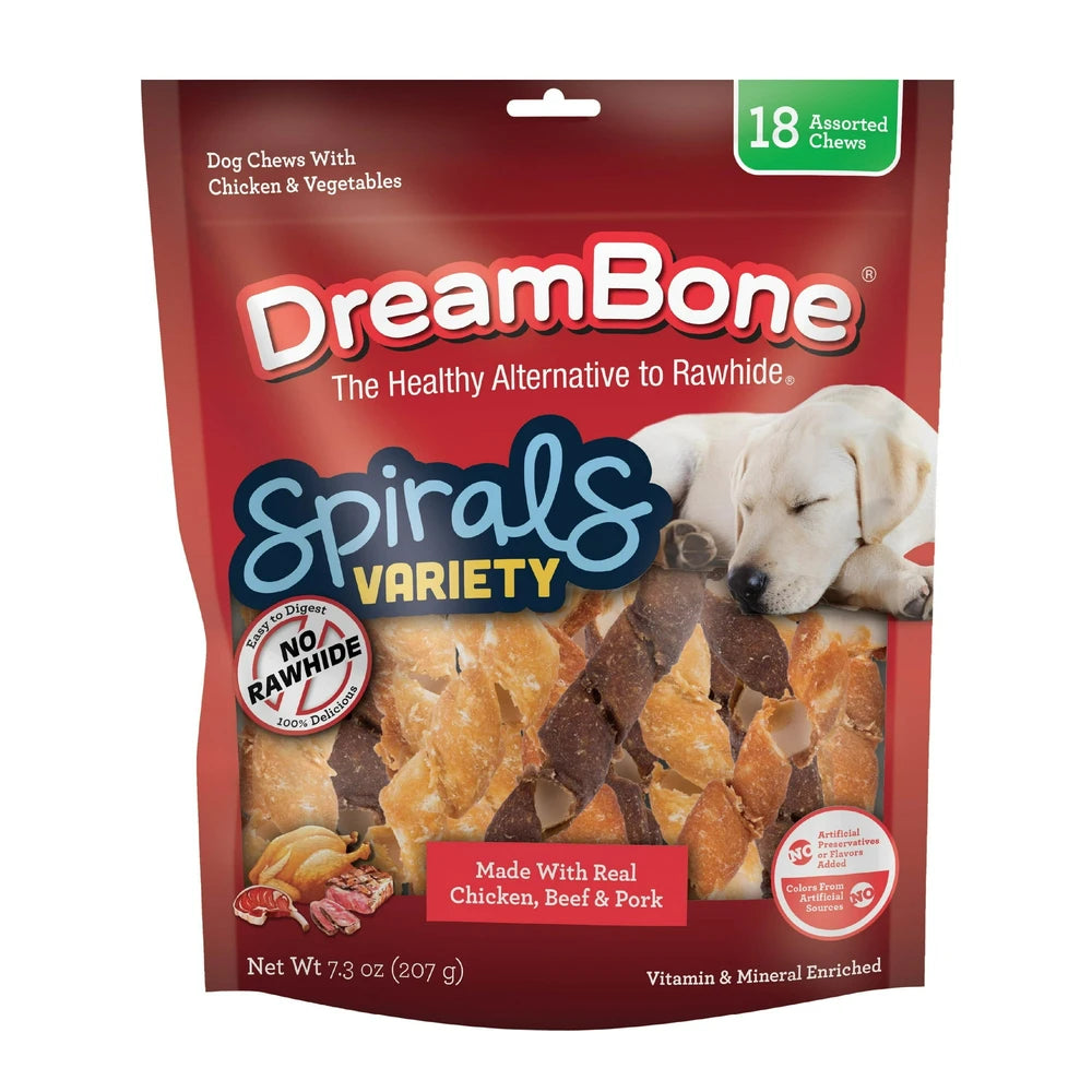 DreamBone Spirals Variety Pack Rawhide-Free Chews for Dogs 18 Count 7.3 Oz (Pack of 24)